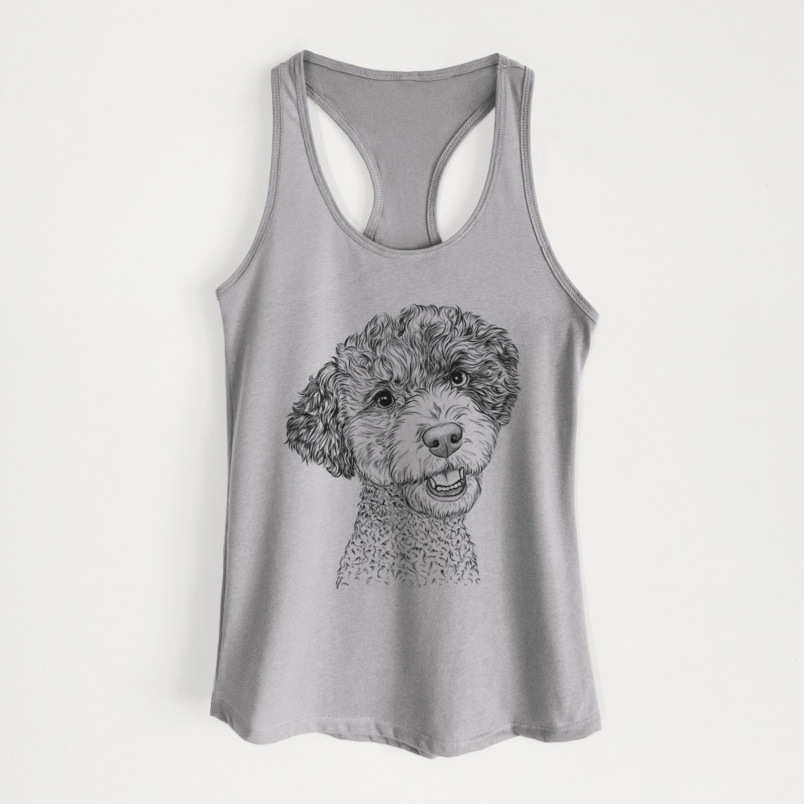 Hand-drawn sketch of Skipper the Twoodle on a Heather Grey Women's racerback tanktop
