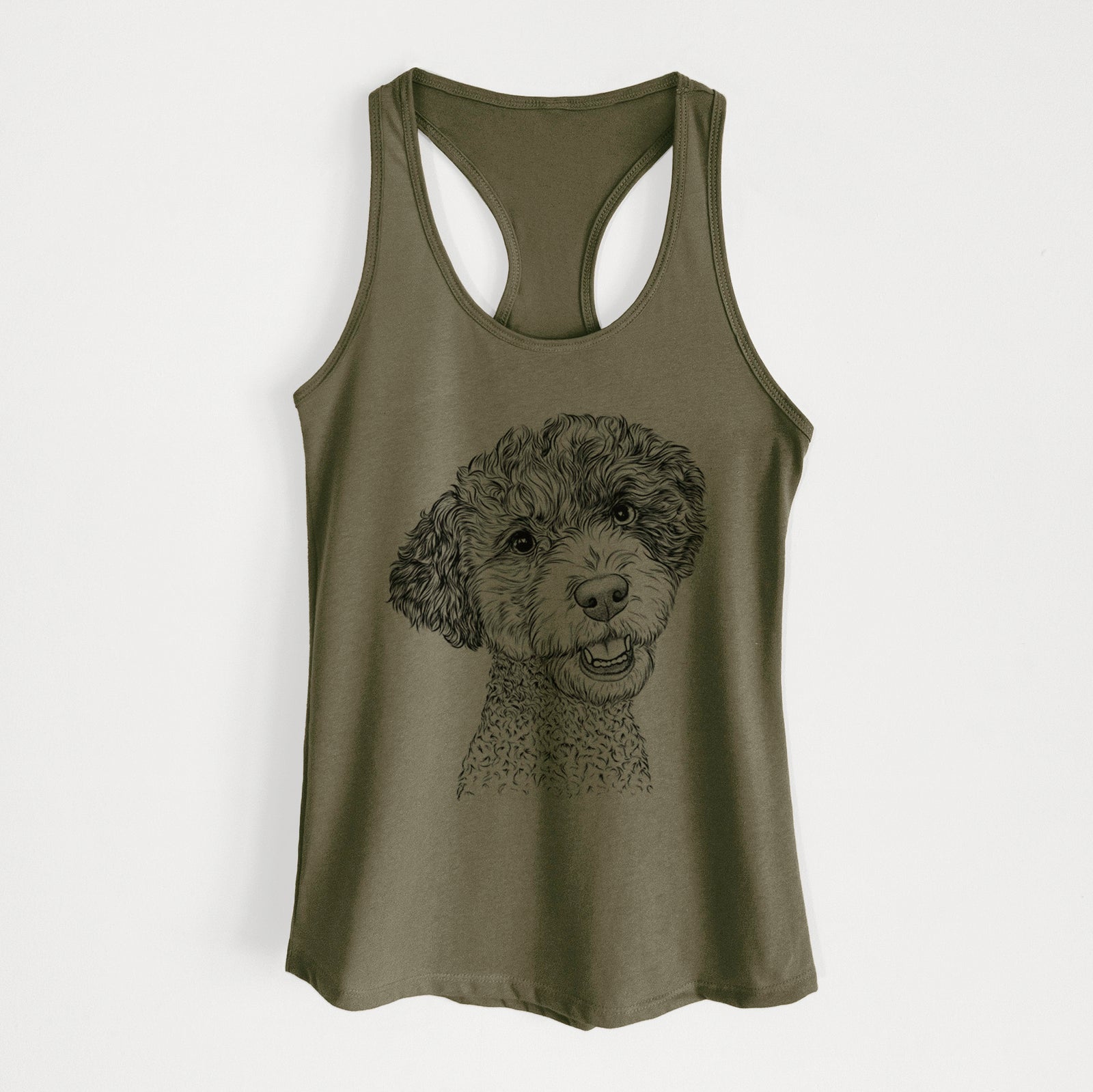 Hand-drawn sketch of Skipper the Twoodle on a Military Green Women's racerback tanktop