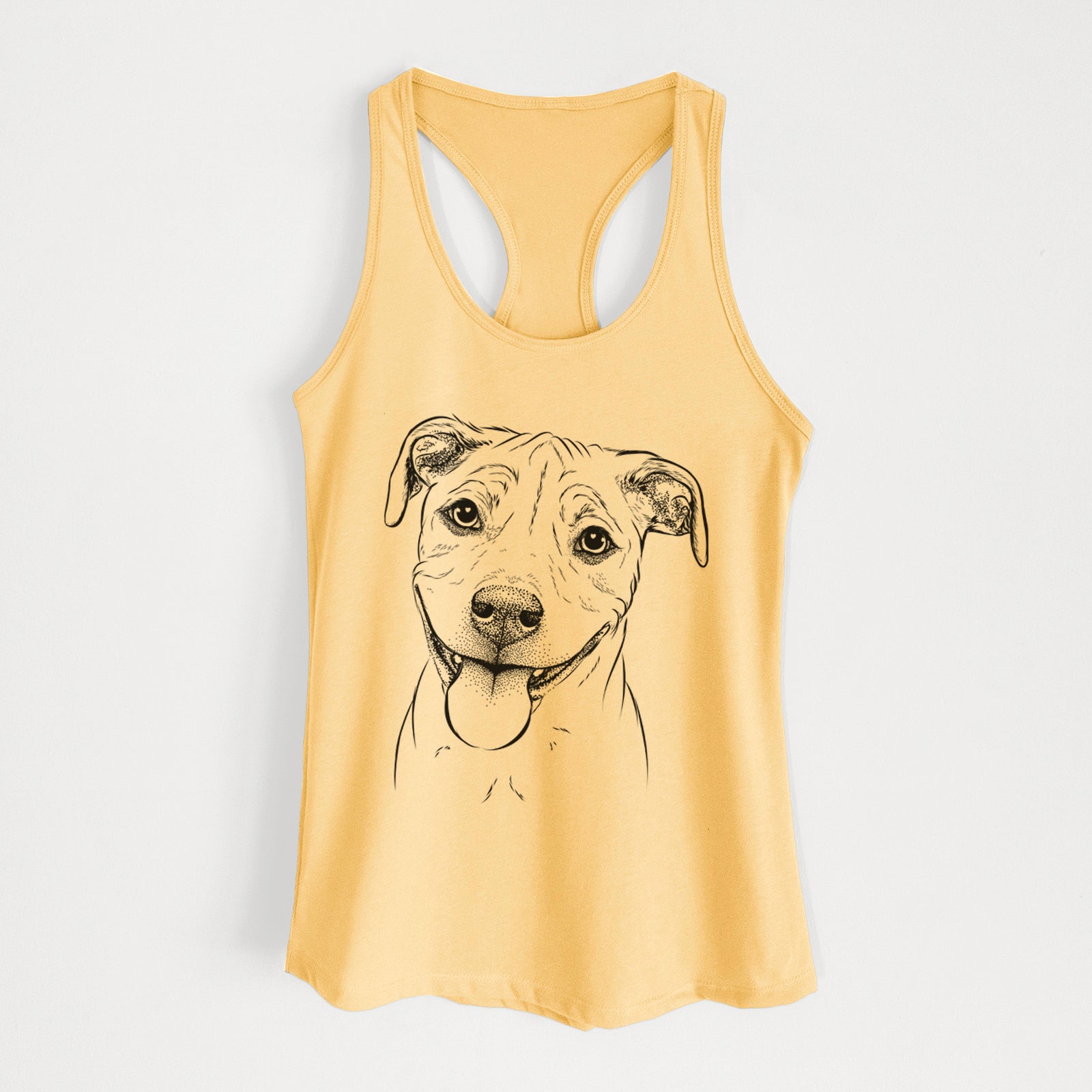 Hand-drawn sketch of Skye the Pitweiler on a Banana Cream Women's racerback tanktop