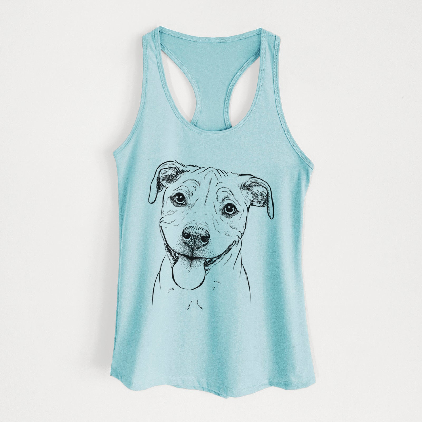 Hand-drawn sketch of Skye the Pitweiler on a Cancun Blue Women's racerback tanktop
