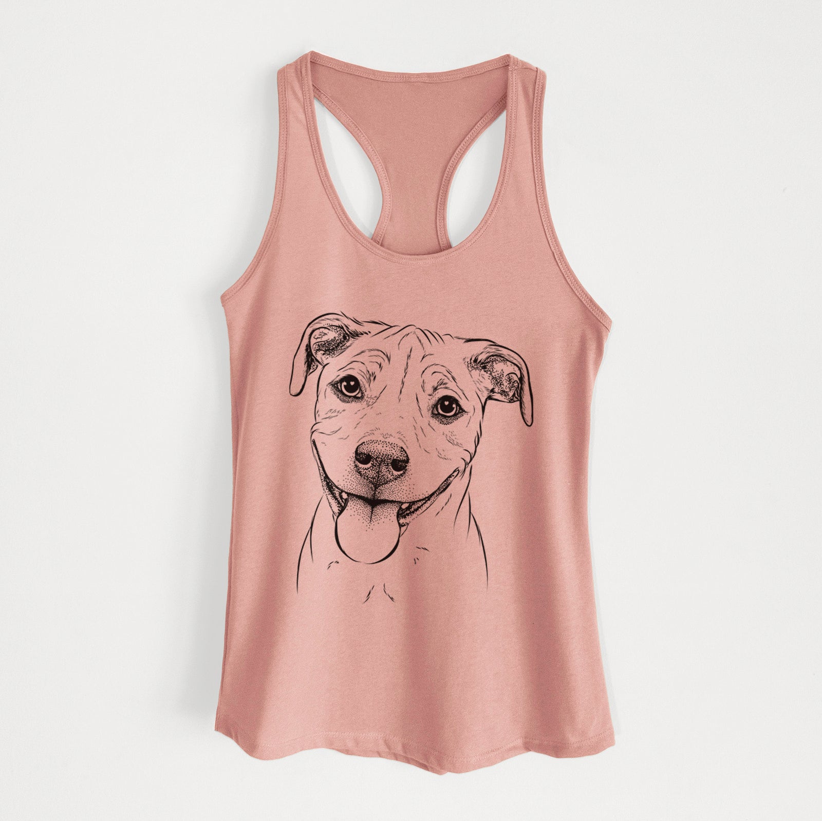 Hand-drawn sketch of Skye the Pitweiler on a Desert Pink Women's racerback tanktop