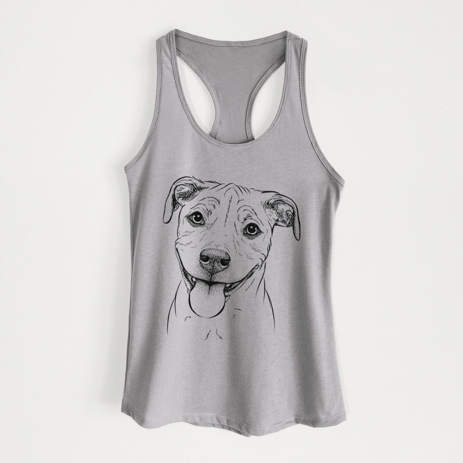 Hand-drawn sketch of Skye the Pitweiler on a Heather Grey Women's racerback tanktop