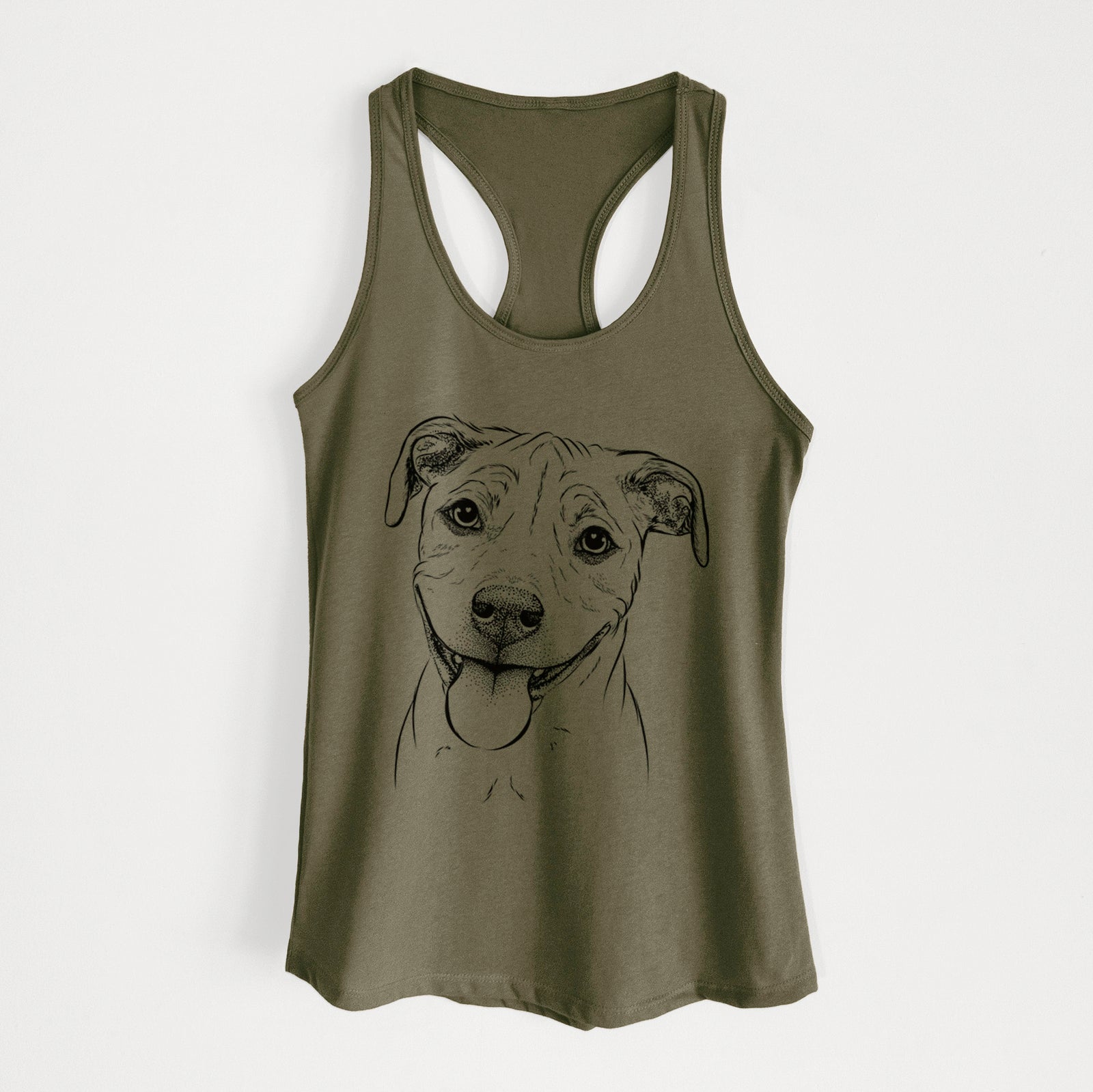 Hand-drawn sketch of Skye the Pitweiler on a Military Green Women's racerback tanktop
