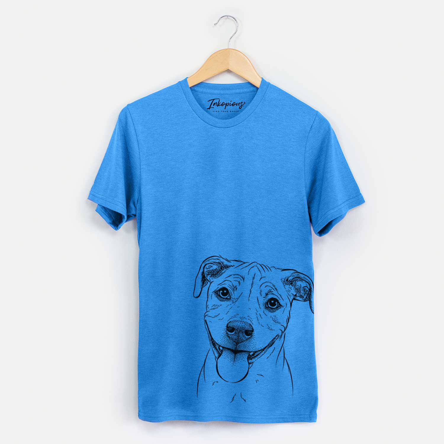 Hand-drawn sketch of Skye the Pitweiler on a Blue Unisex crewneck