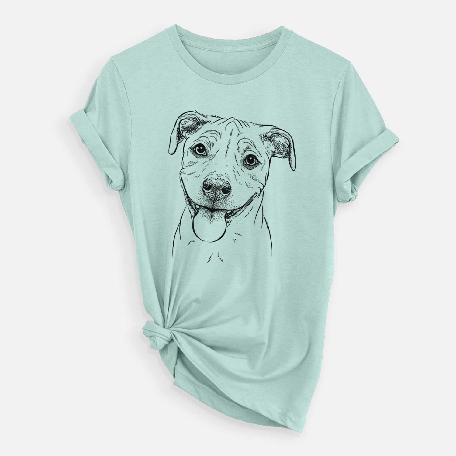 Hand-drawn sketch of Skye the Pitweiler on a Heather Sage Unisex crewneck