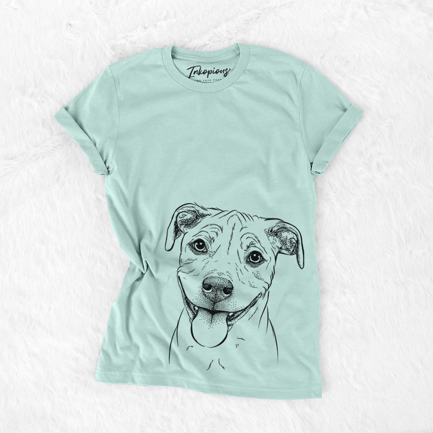 Hand-drawn sketch of Skye the Pitweiler on a Heather Sage Unisex crewneck