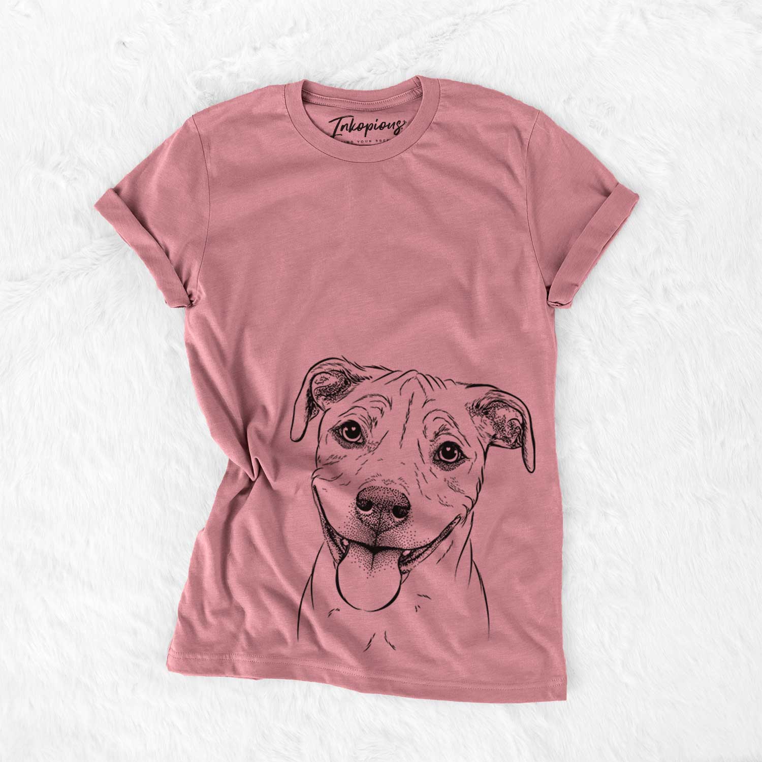 Hand-drawn sketch of Skye the Pitweiler on a Mauve Unisex crewneck