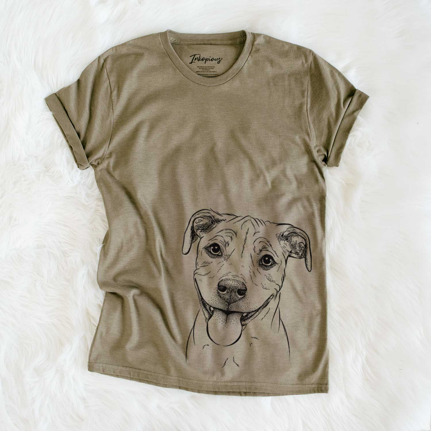 Hand-drawn sketch of Skye the Pitweiler on an Olive Unisex crewneck