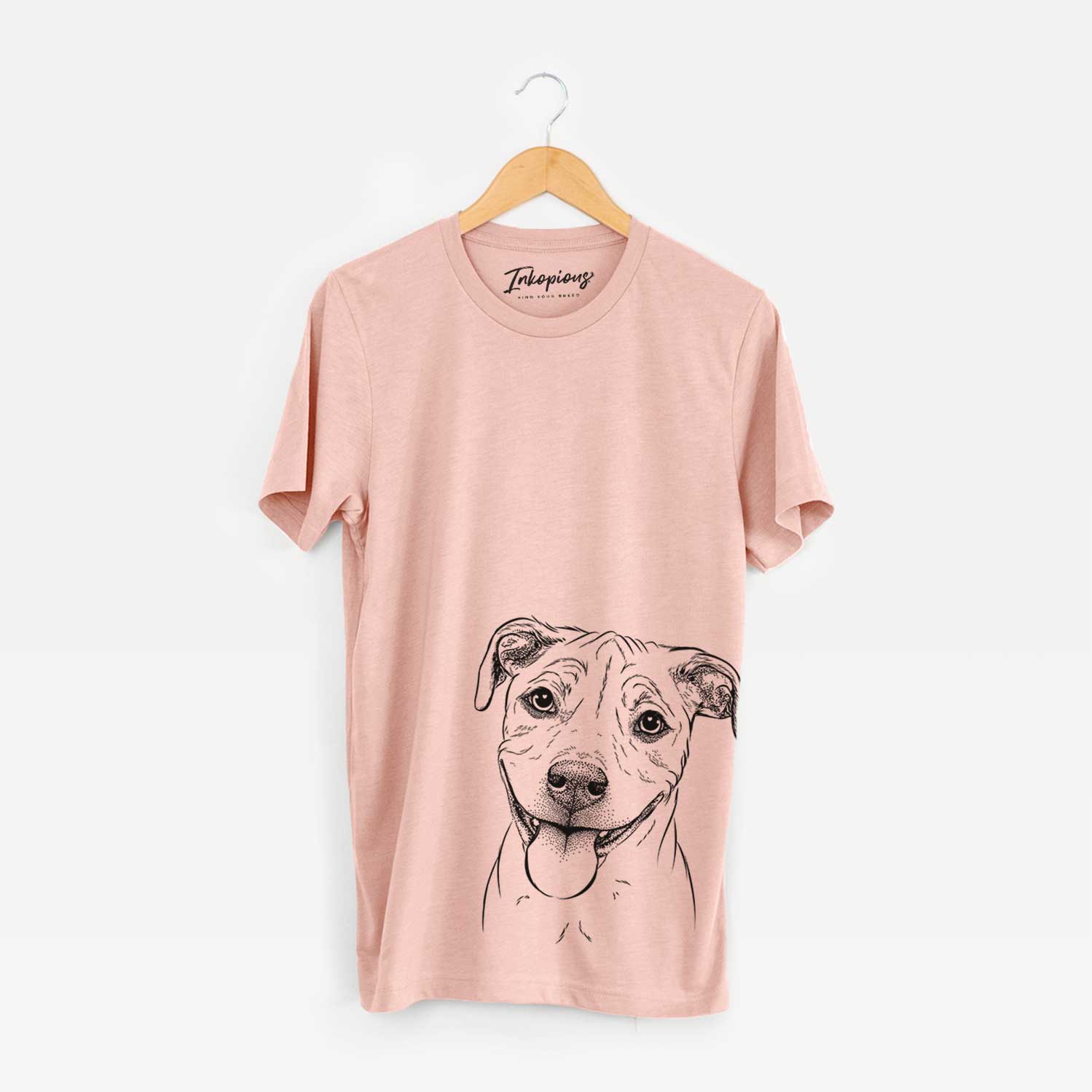 Hand-drawn sketch of Skye the Pitweiler on a Peach Unisex crewneck