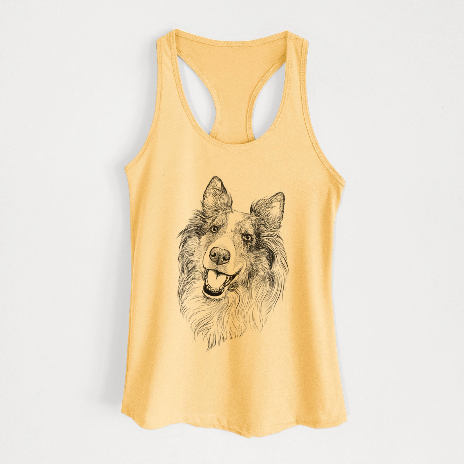Hand-drawn sketch of Skylar the Shetland Sheepdog on a Banana Cream Women's racerback tanktop