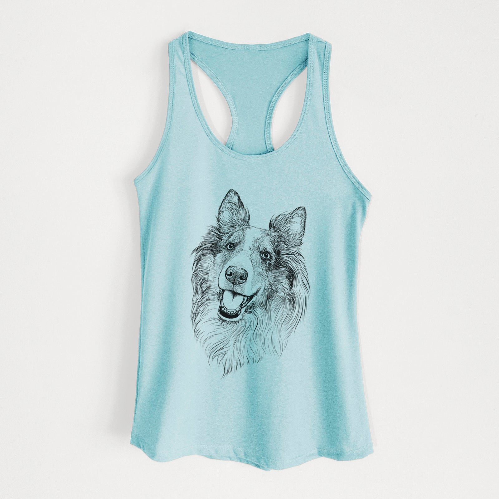 Hand-drawn sketch of Skylar the Shetland Sheepdog on a Cancun Blue Women's racerback tanktop