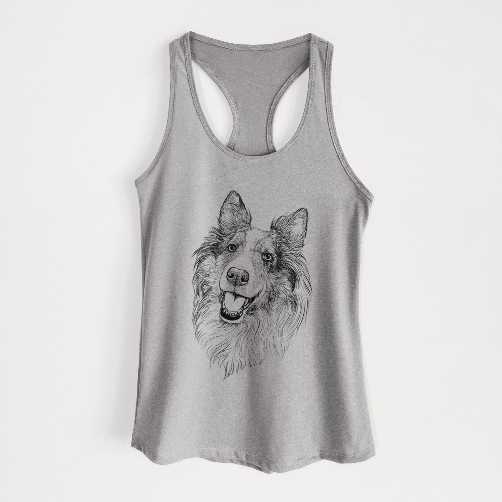 Hand-drawn sketch of Skylar the Shetland Sheepdog on a Heather Grey Women's racerback tanktop