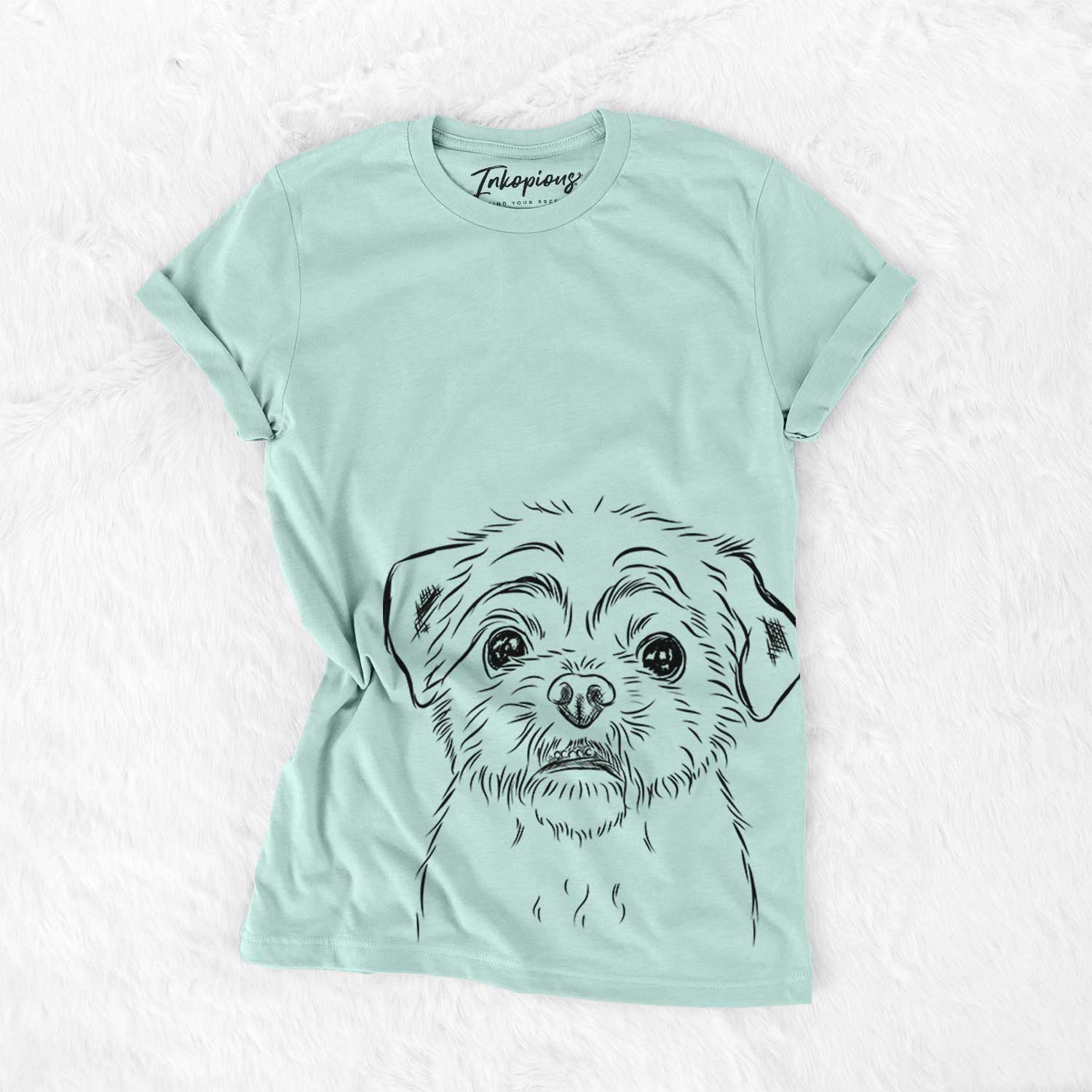 Hand-drawn sketch of Smash the Shih Tzu on a Heather Sage Bella Canvas Unisex Crewneck
