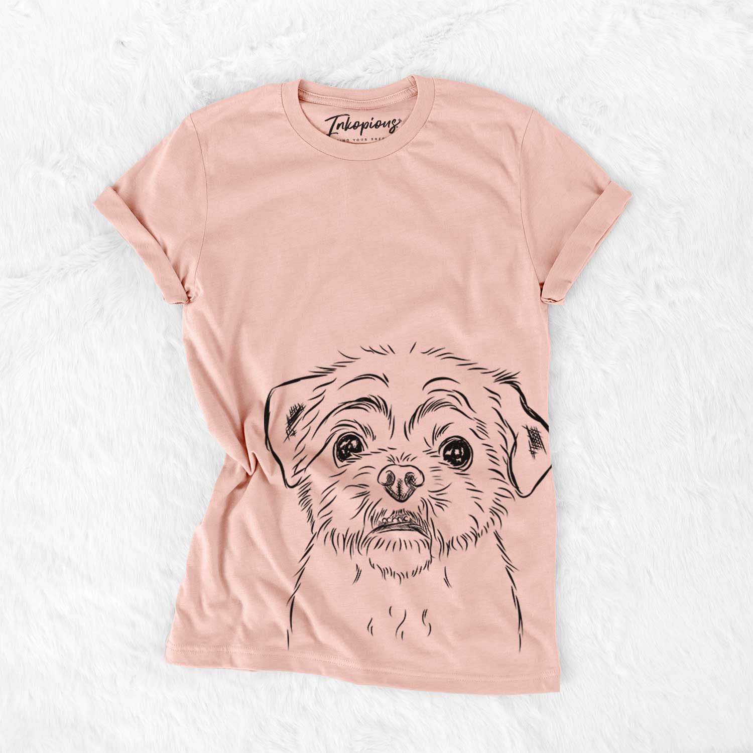 Hand-drawn sketch of Smash the Shih Tzu on a Peach Bella Canvas Unisex Crewneck