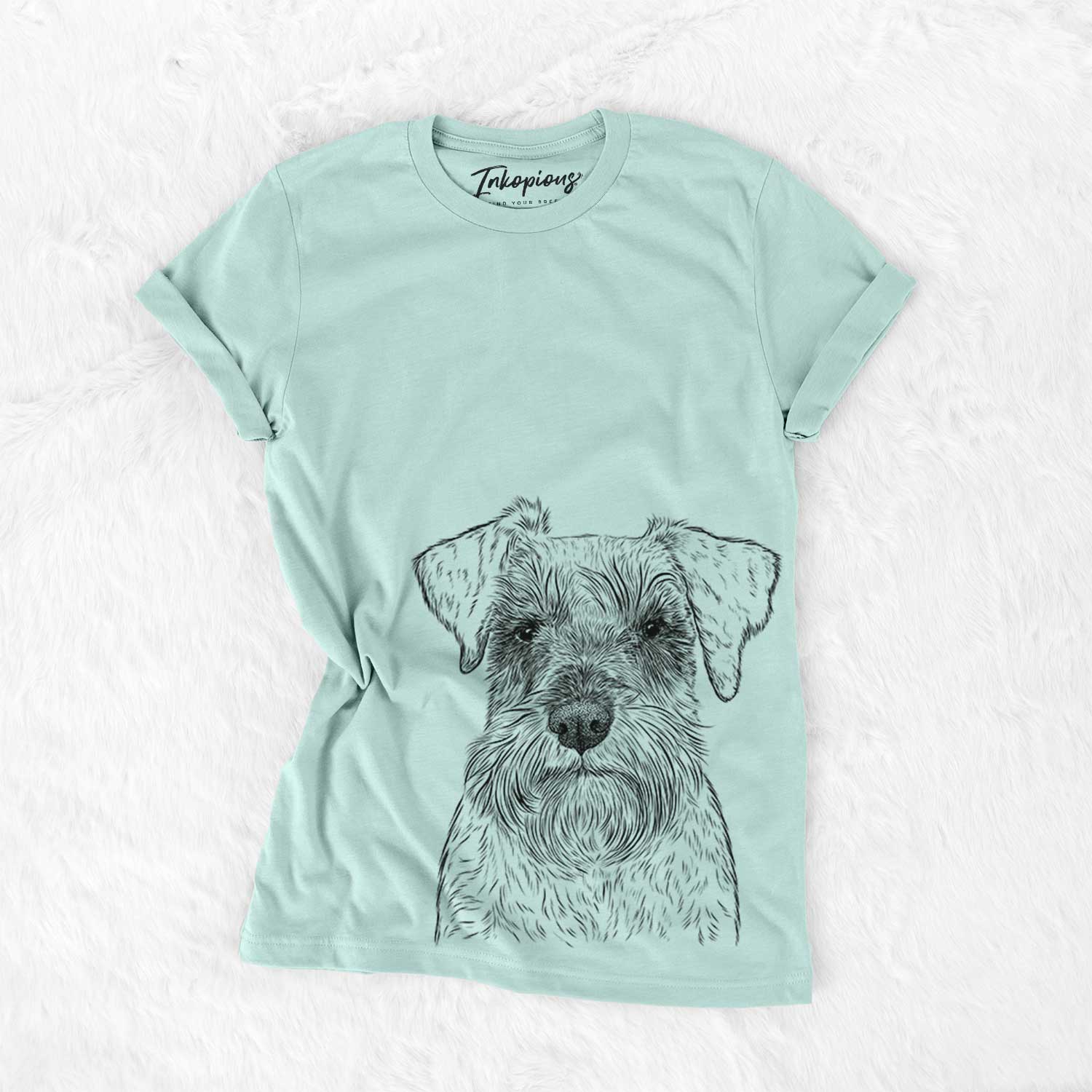 Hand-drawn sketch of Smokey the Miniature Schnauzer on a Heather Sage Bella Canvas Unisex Crewneck