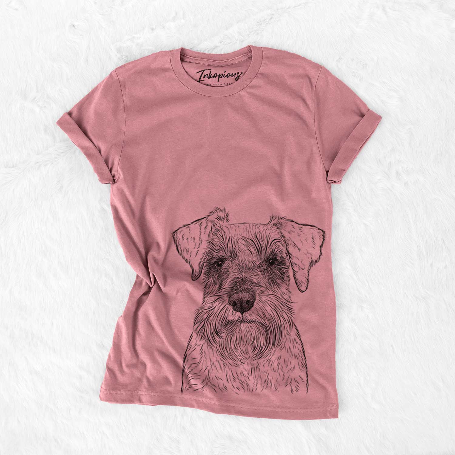 Hand-drawn sketch of Smokey the Miniature Schnauzer on a Mauve Bella Canvas Unisex Crewneck