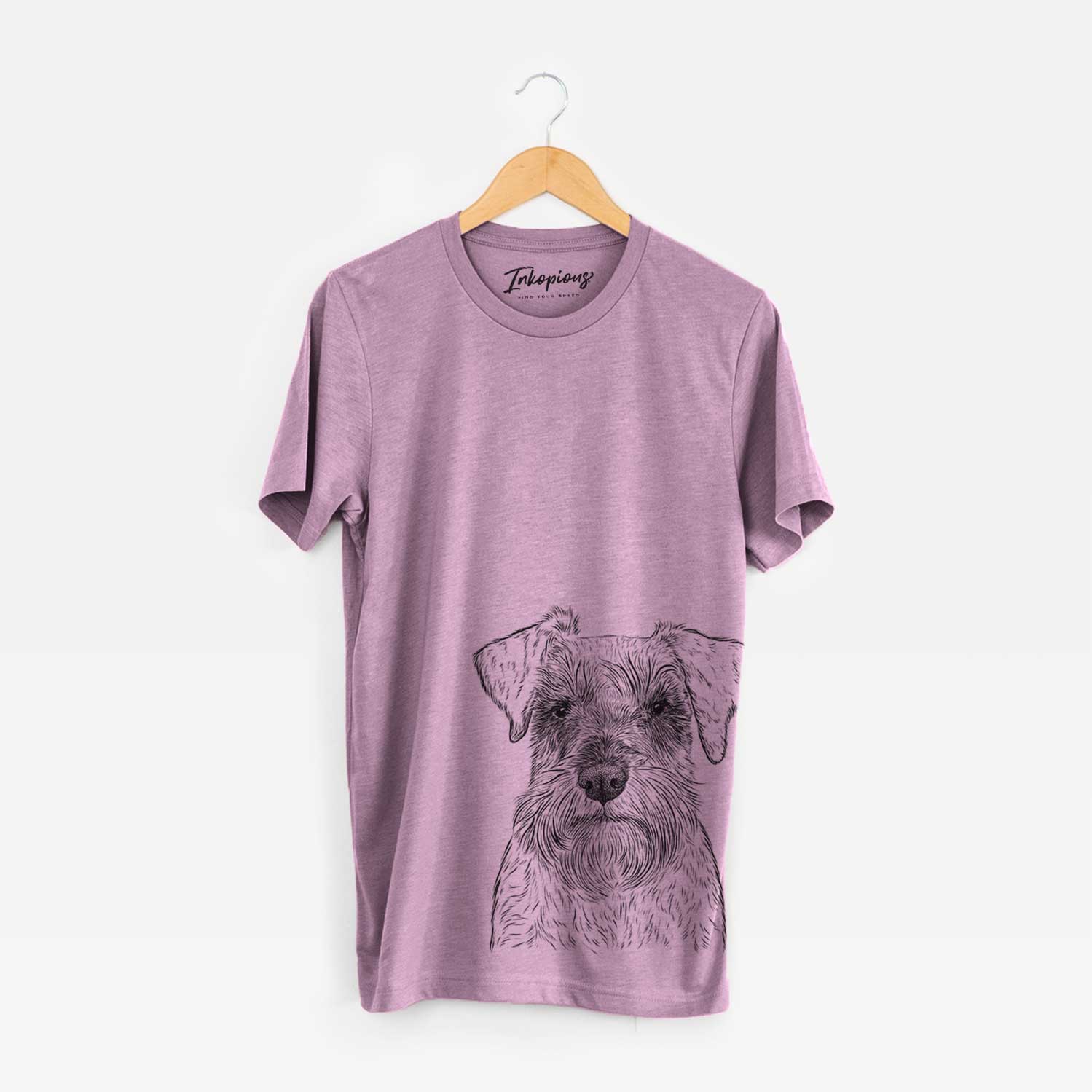 Hand-drawn sketch of Smokey the Miniature Schnauzer on an Orchid Bella Canvas Unisex Crewneck