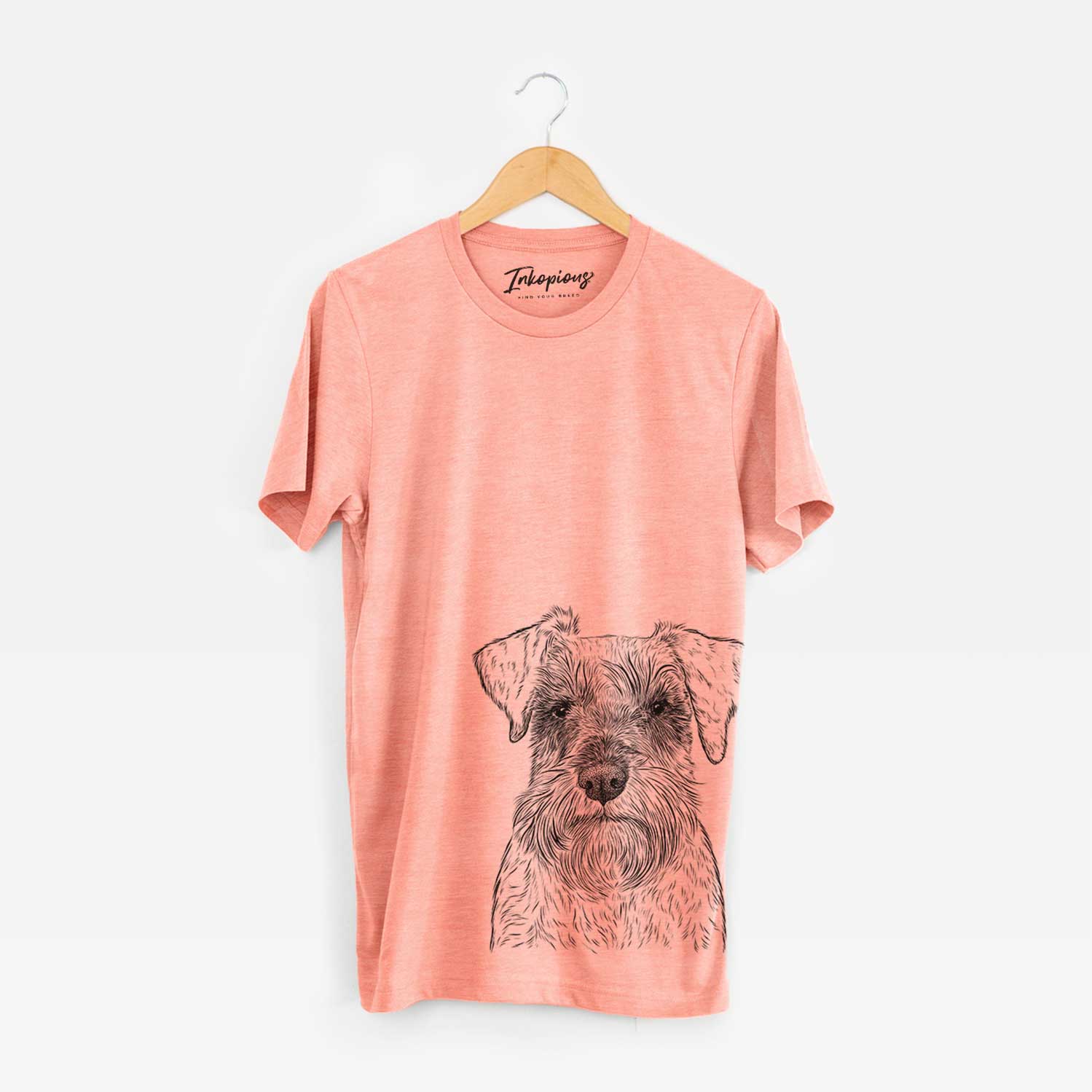 Hand-drawn sketch of Smokey the Miniature Schnauzer on a Sunset Bella Canvas Unisex Crewneck