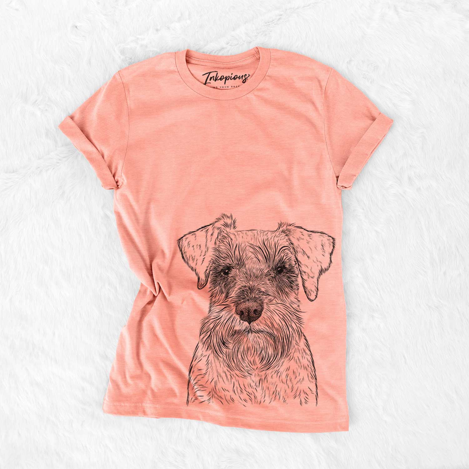 Hand-drawn sketch of Smokey the Miniature Schnauzer on a Sunset Bella Canvas Unisex Crewneck