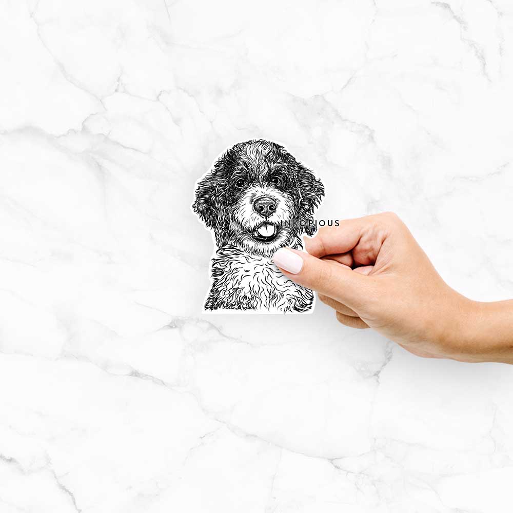 Hand-drawn sketch of Smoky the Bernedoodle Puppy on a decal sticker