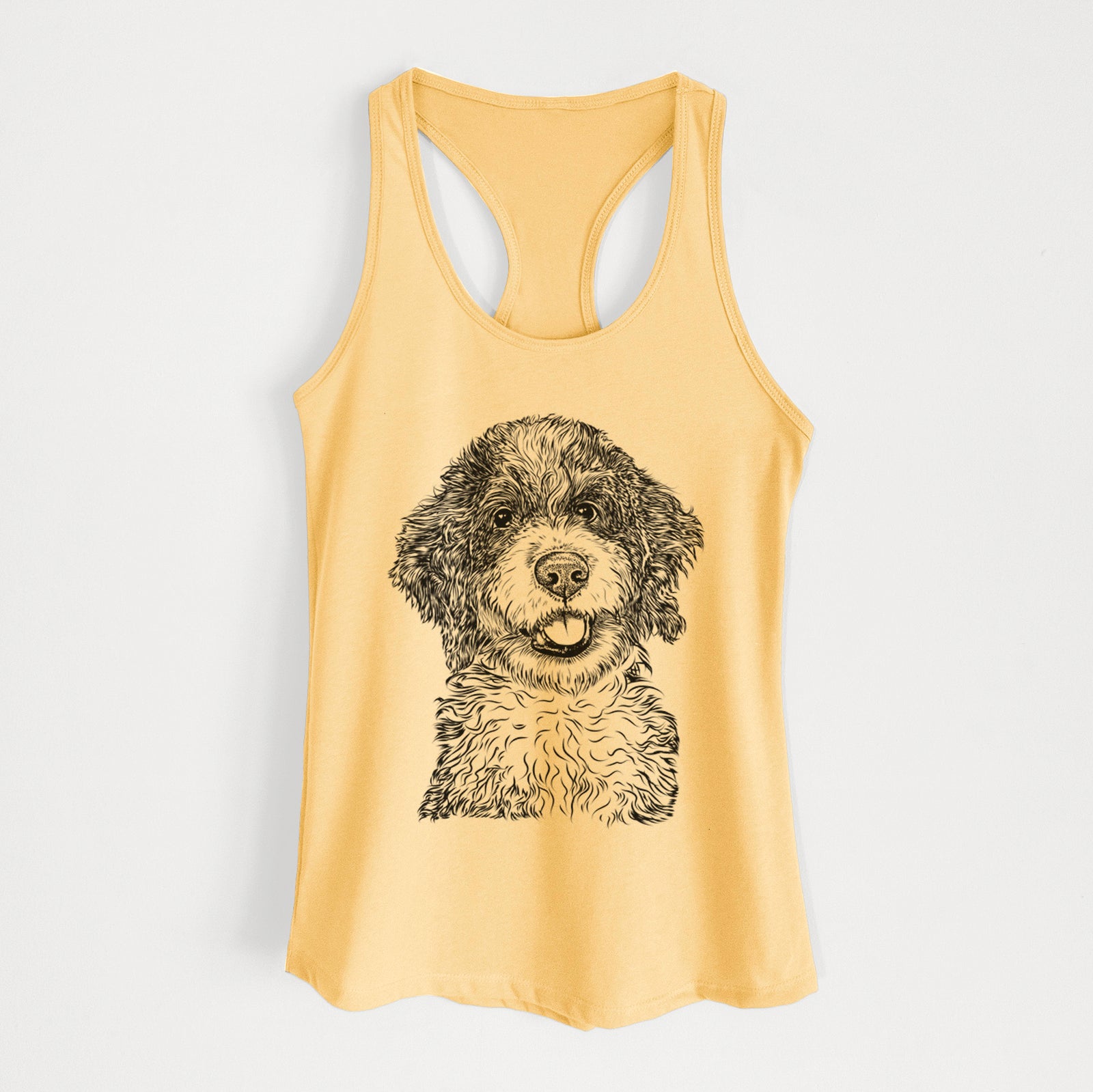 Hand-drawn sketch of Smoky the Bernedoodle Puppy on a Banana Cream Women's racerback tanktop