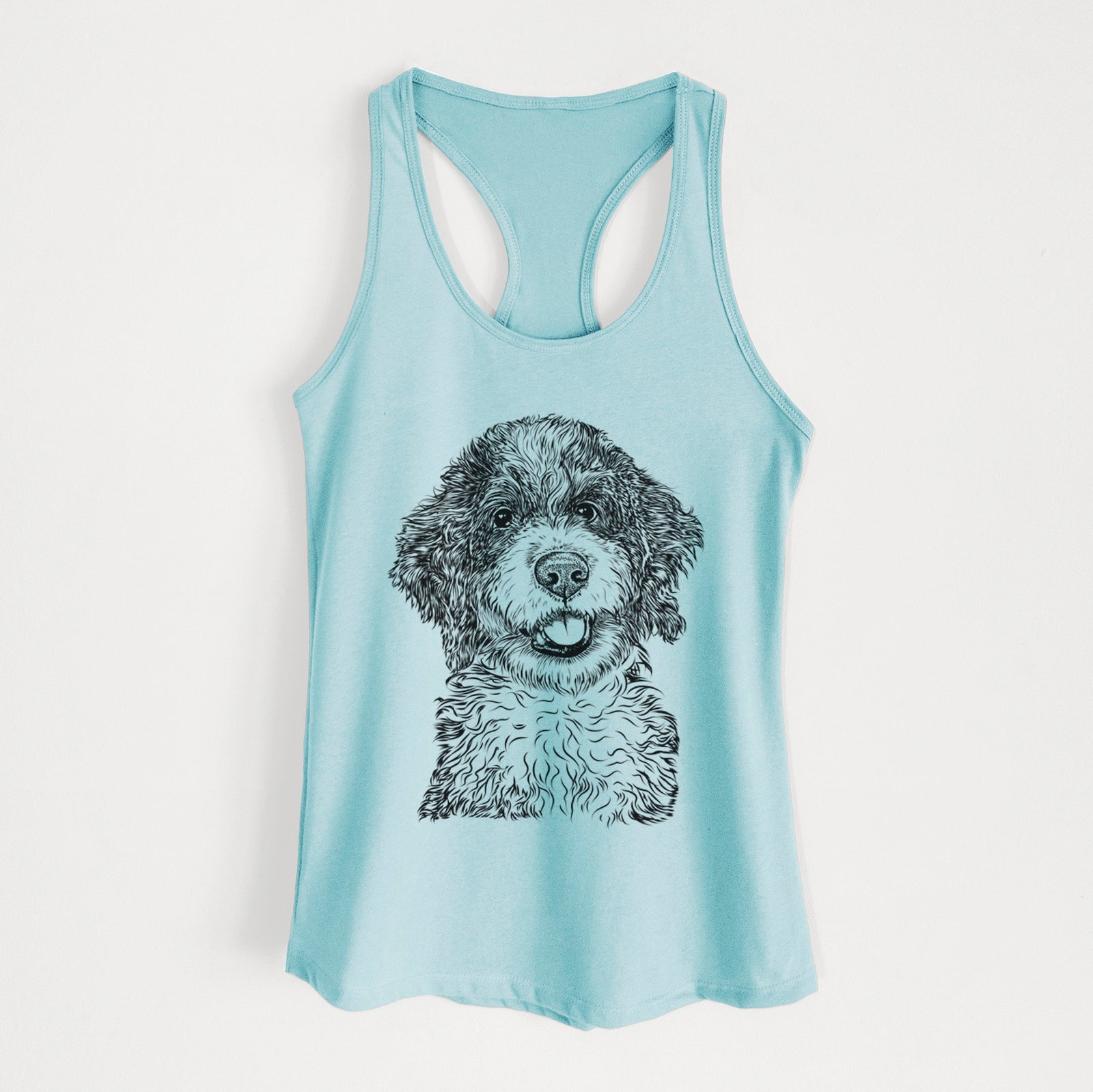 Hand-drawn sketch of Smoky the Bernedoodle Puppy on a Cancun Blue Women's racerback tanktop