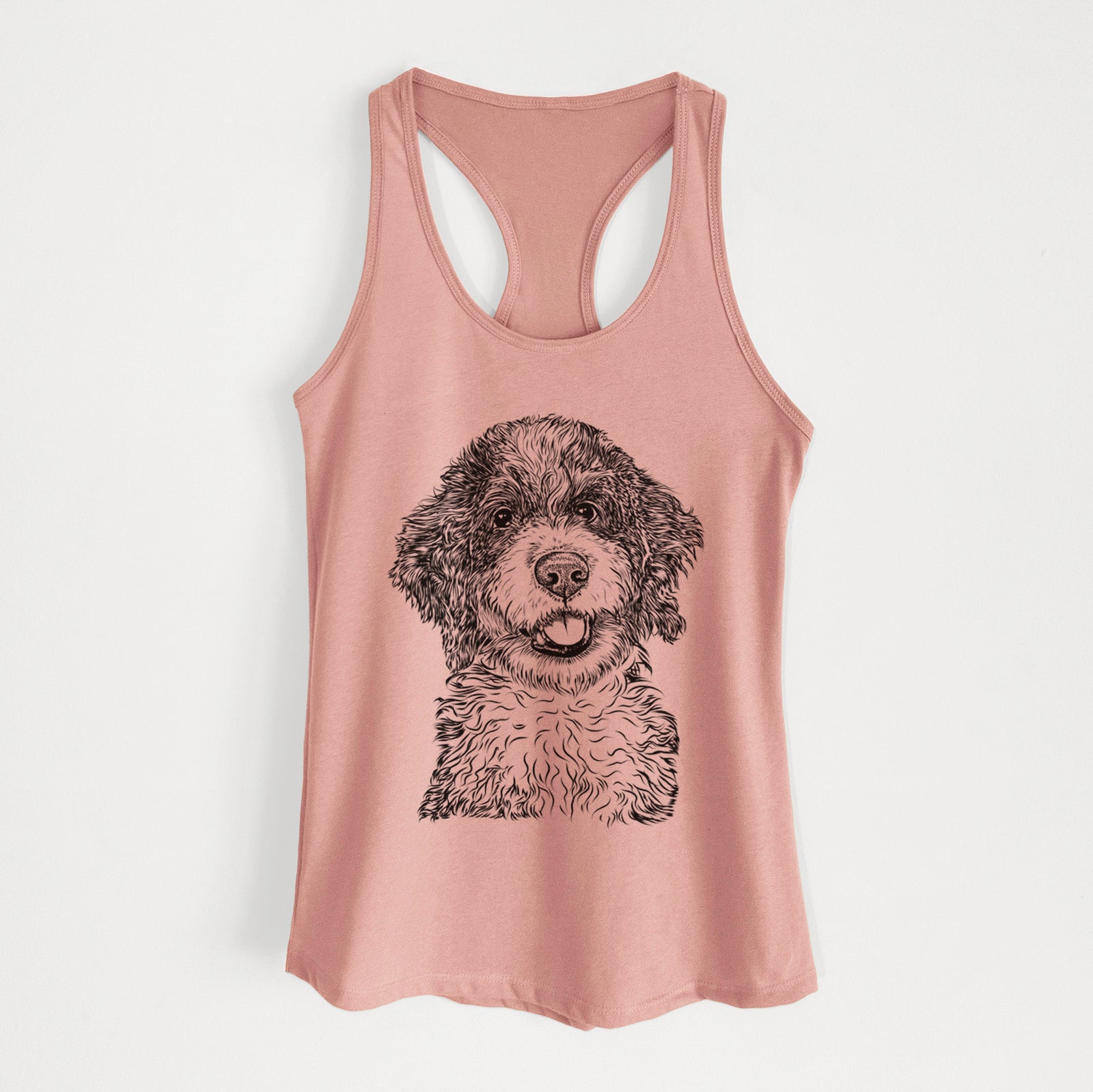 Hand-drawn sketch of Smoky the Bernedoodle Puppy on a Desert Pink Women's racerback tanktop