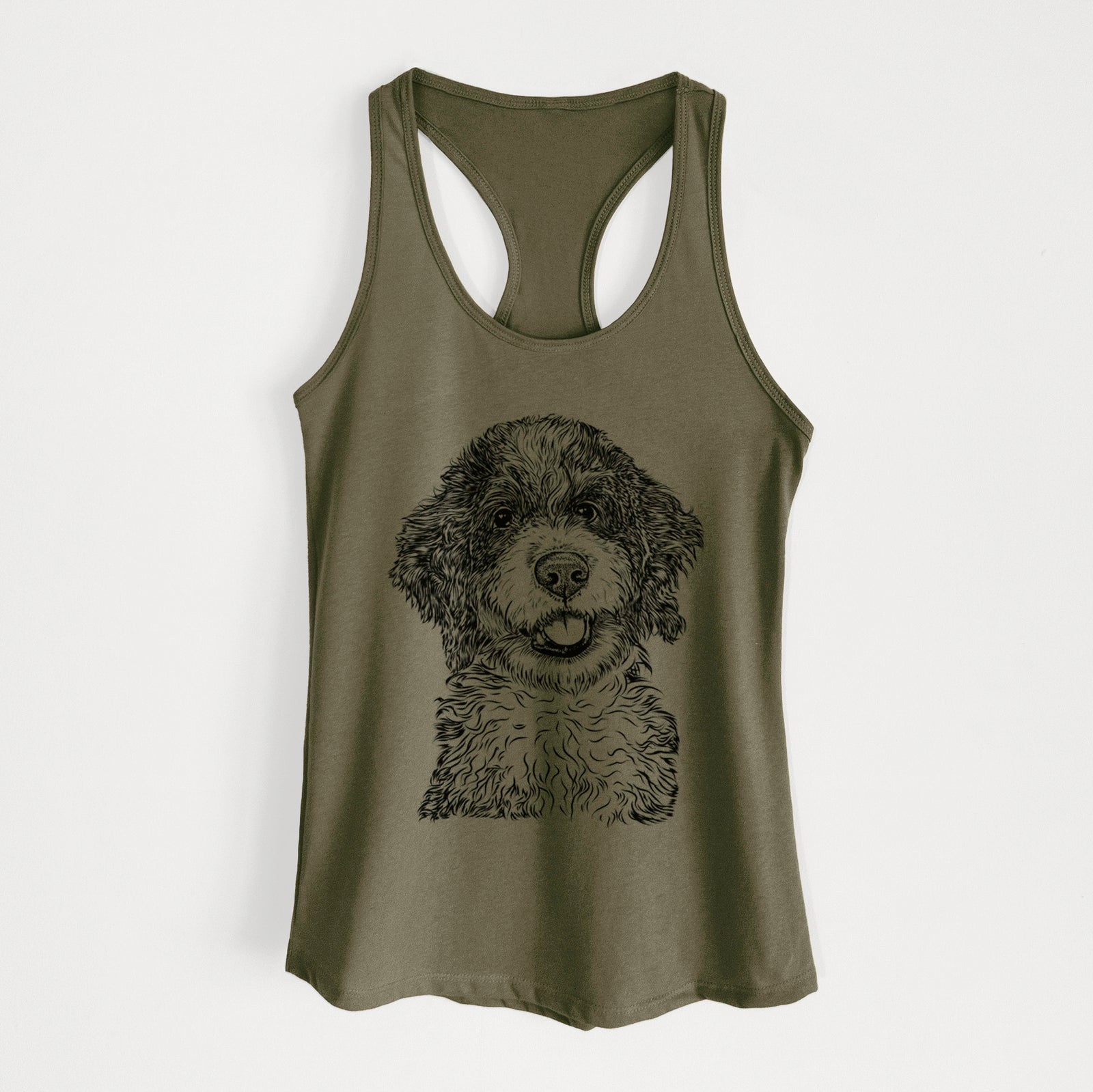 Hand-drawn sketch of Smoky the Bernedoodle Puppy on a Military Green Women's racerback tanktop