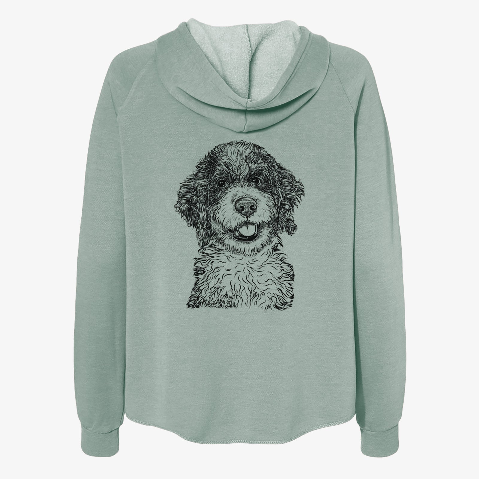 Hand-drawn sketch of Smoky the Bernedoodle Puppy on a Sage Women's cali wave zip-up sweatshirt
