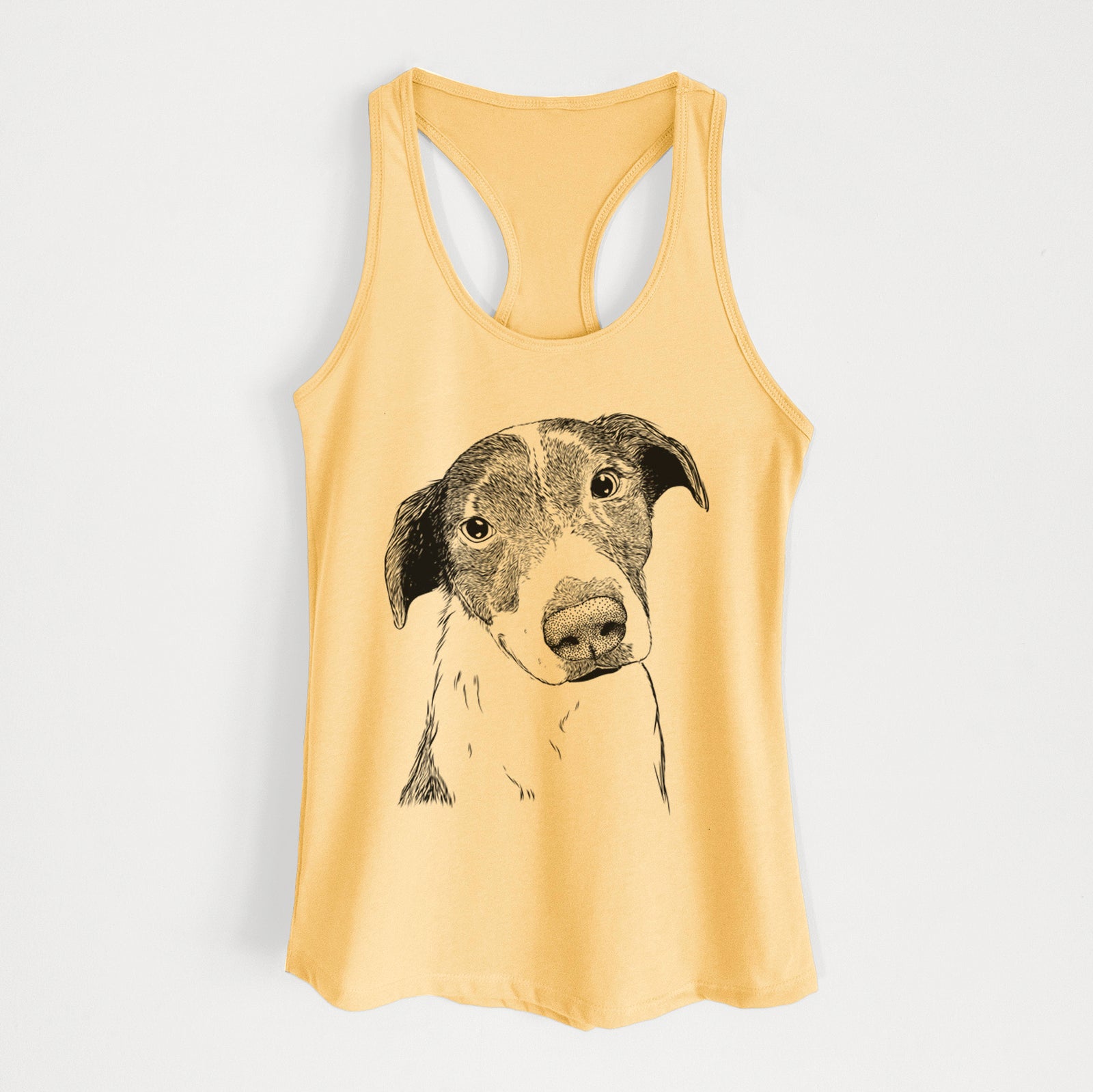 Hand-drawn sketch of Sophia the Mixed Breed on a Banana Cream Women's racerback tanktop