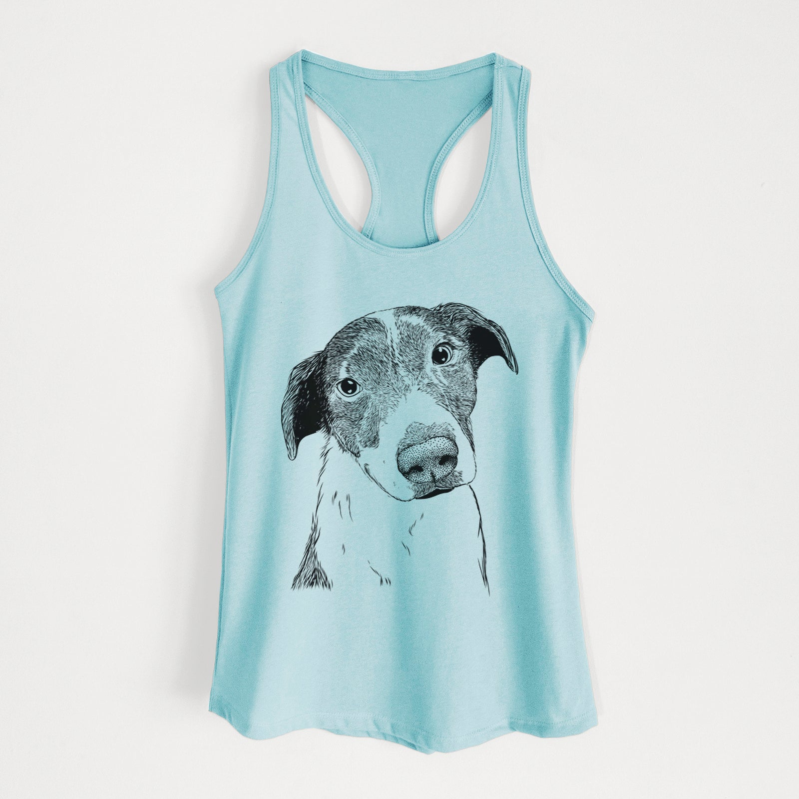 Hand-drawn sketch of Sophia the Mixed Breed on a Cancun Blue Women's racerback tanktop