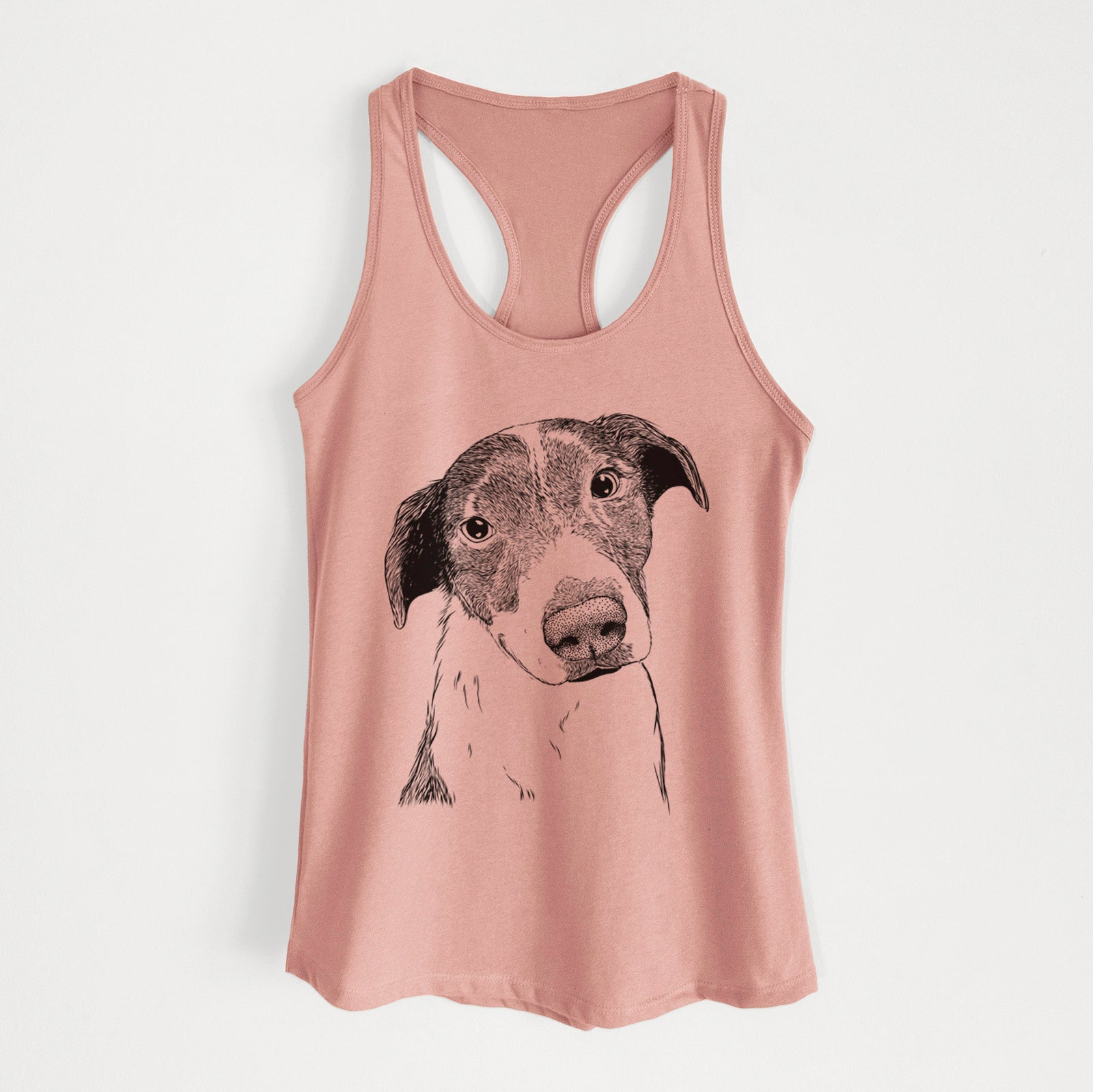 Hand-drawn sketch of Sophia the Mixed Breed on a Desert Pink Women's racerback tanktop