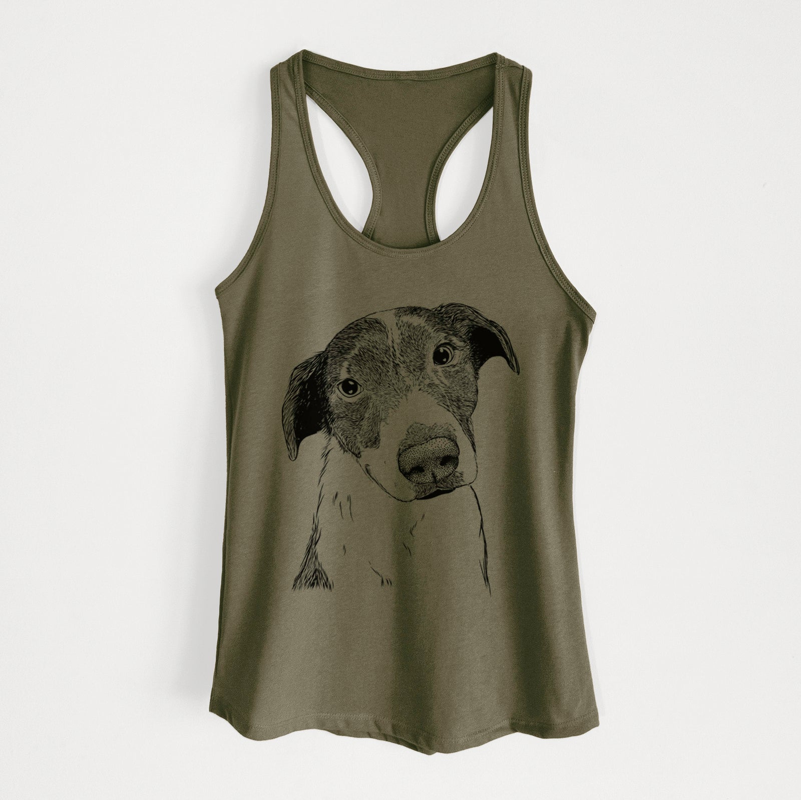 Hand-drawn sketch of Sophia the Mixed Breed on a Military Green Women's racerback tanktop