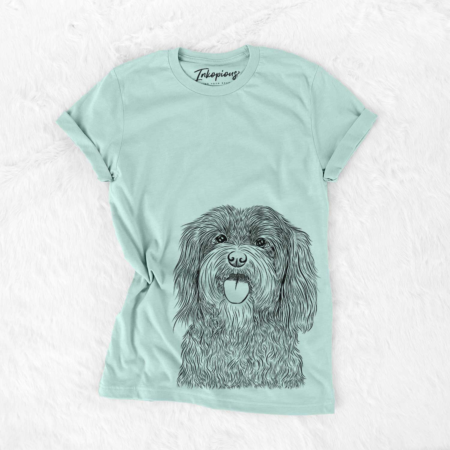 Hand-drawn sketch of Sophie the Havanese on a Heather Sage Bella Canvas Unisex Crewneck