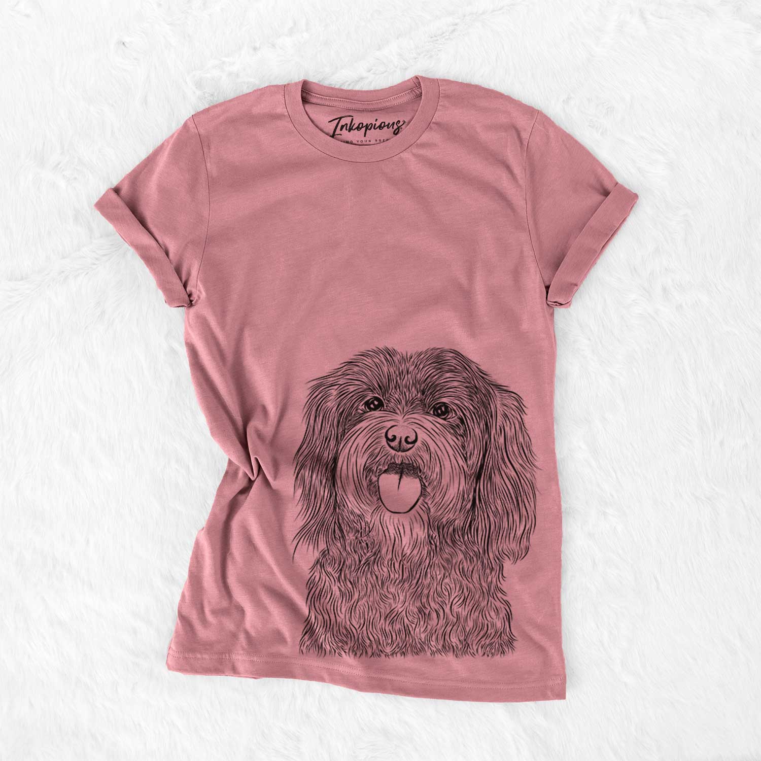 Hand-drawn sketch of Sophie the Havanese on a Mauve Bella Canvas Unisex Crewneck