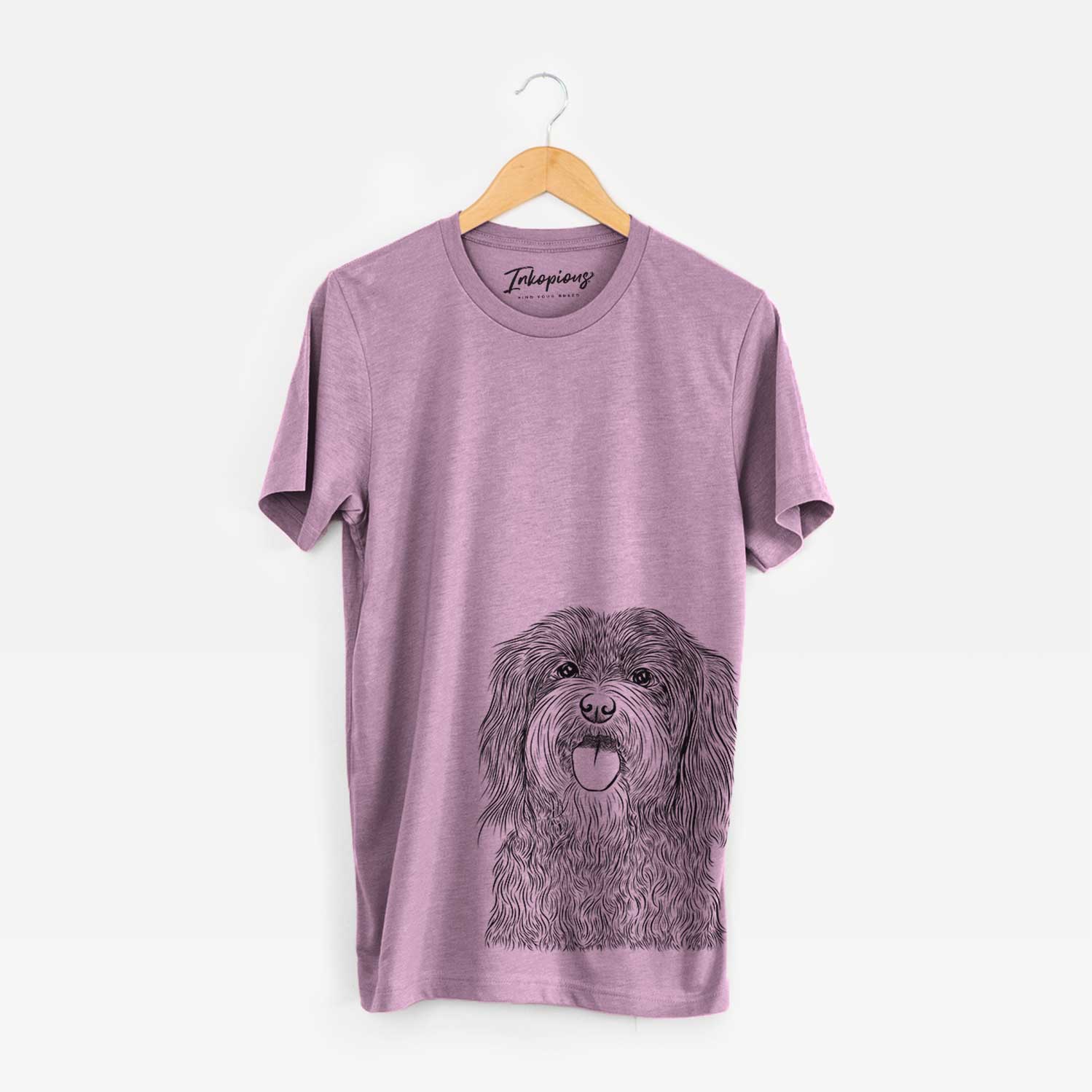 Hand-drawn sketch of Sophie the Havanese on an Orchid Bella Canvas Unisex Crewneck