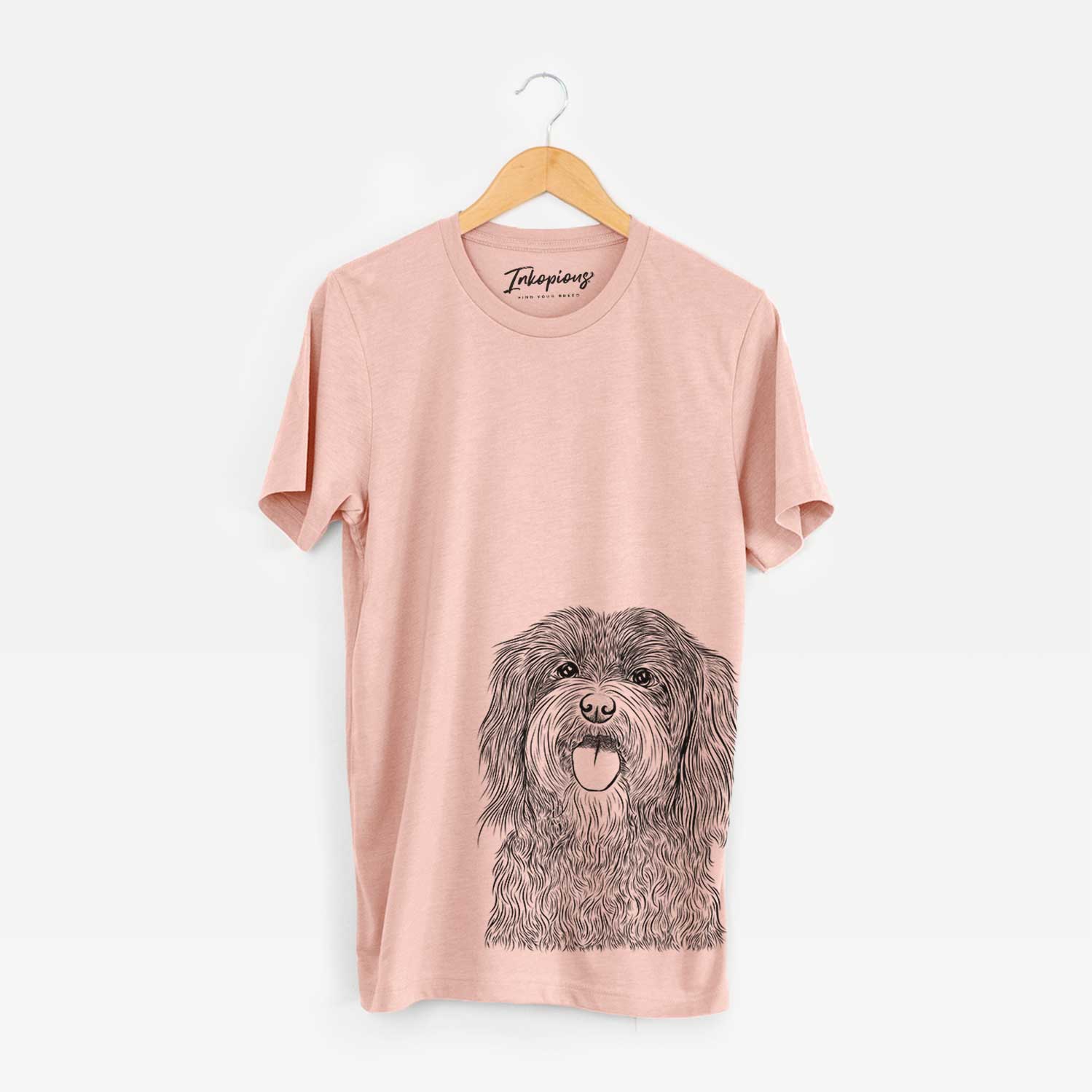 Hand-drawn sketch of Sophie the Havanese on a Peach Bella Canvas Unisex Crewneck