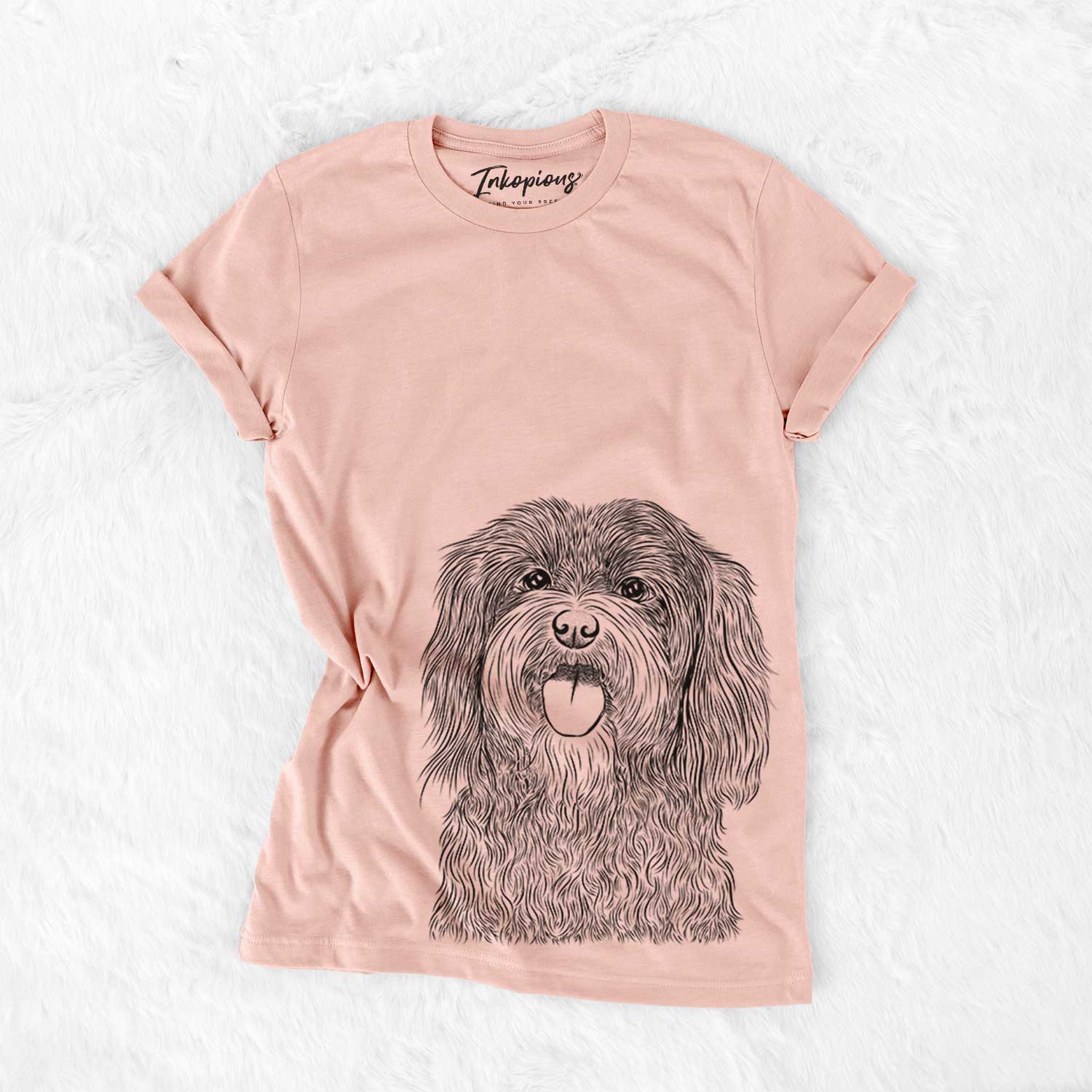 Hand-drawn sketch of Sophie the Havanese on a Peach Bella Canvas Unisex Crewneck