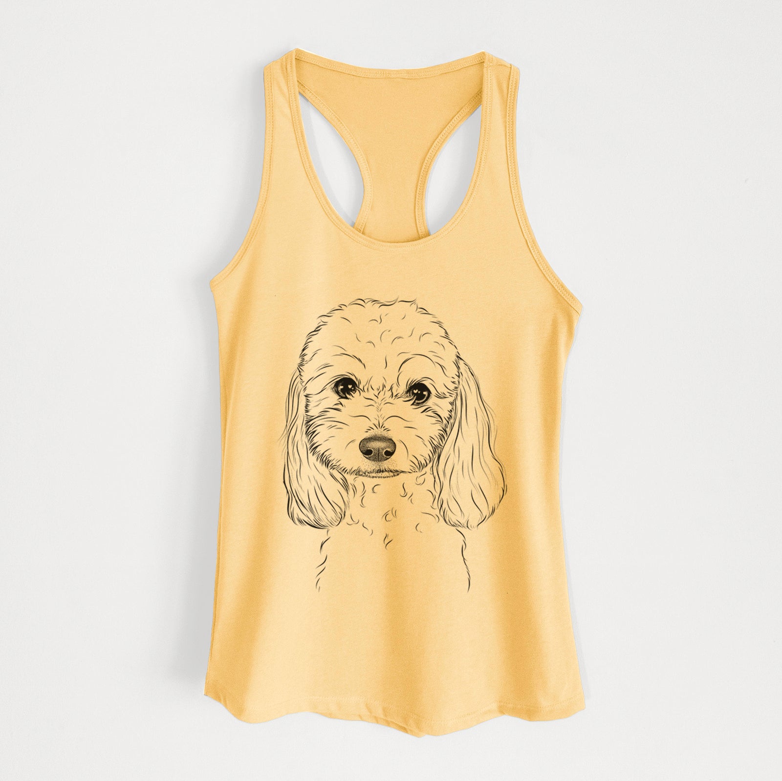 Hand-drawn sketch of Sophie the Coton de Tulear on a Banana Cream Women's racerback tanktop