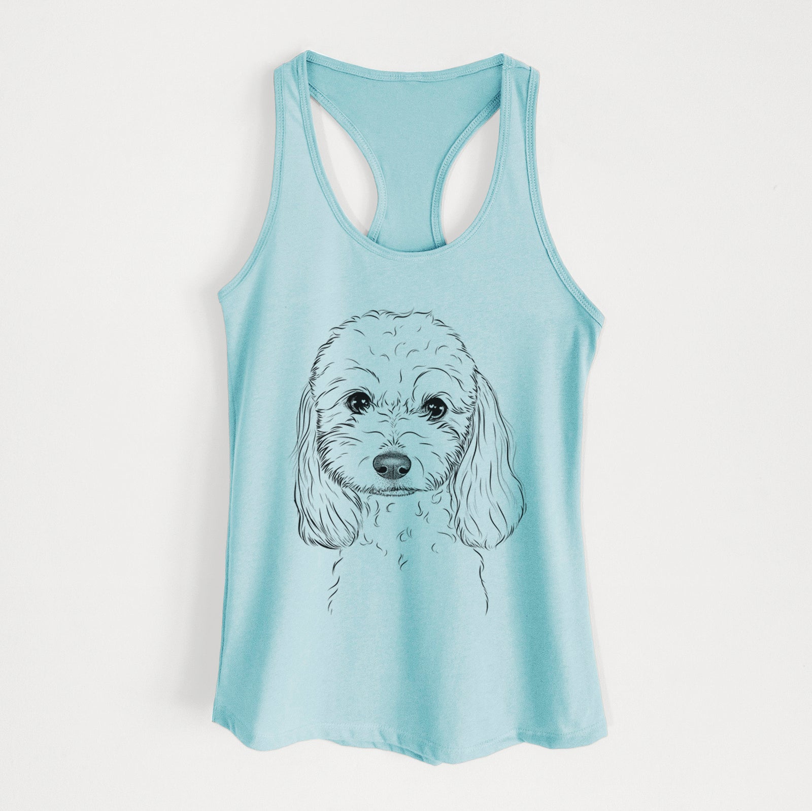 Hand-drawn sketch of Sophie the Coton de Tulear on a Cancun Blue Women's racerback tanktop