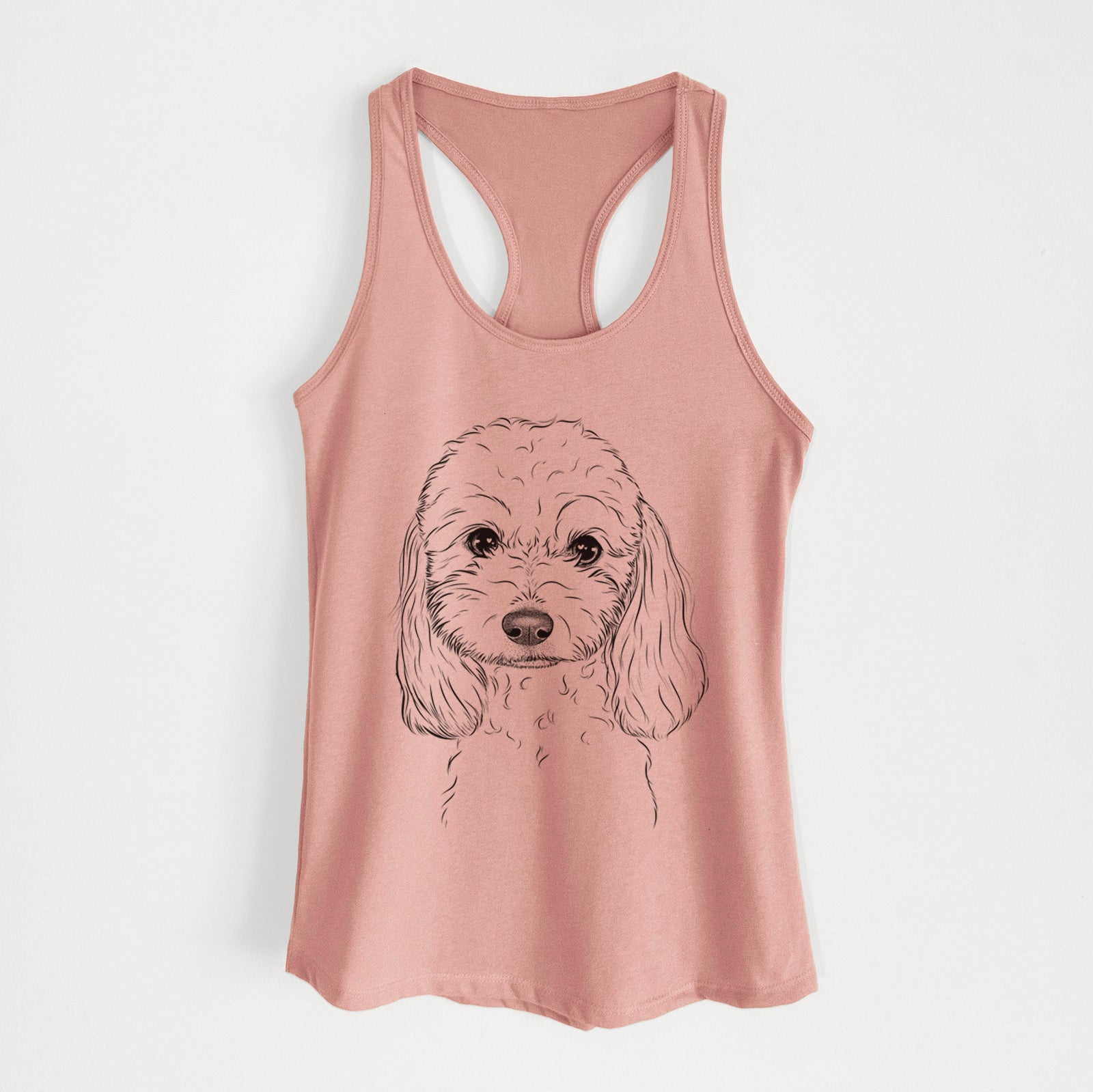 Hand-drawn sketch of Sophie the Coton de Tulear on a Desert Pink Women's racerback tanktop