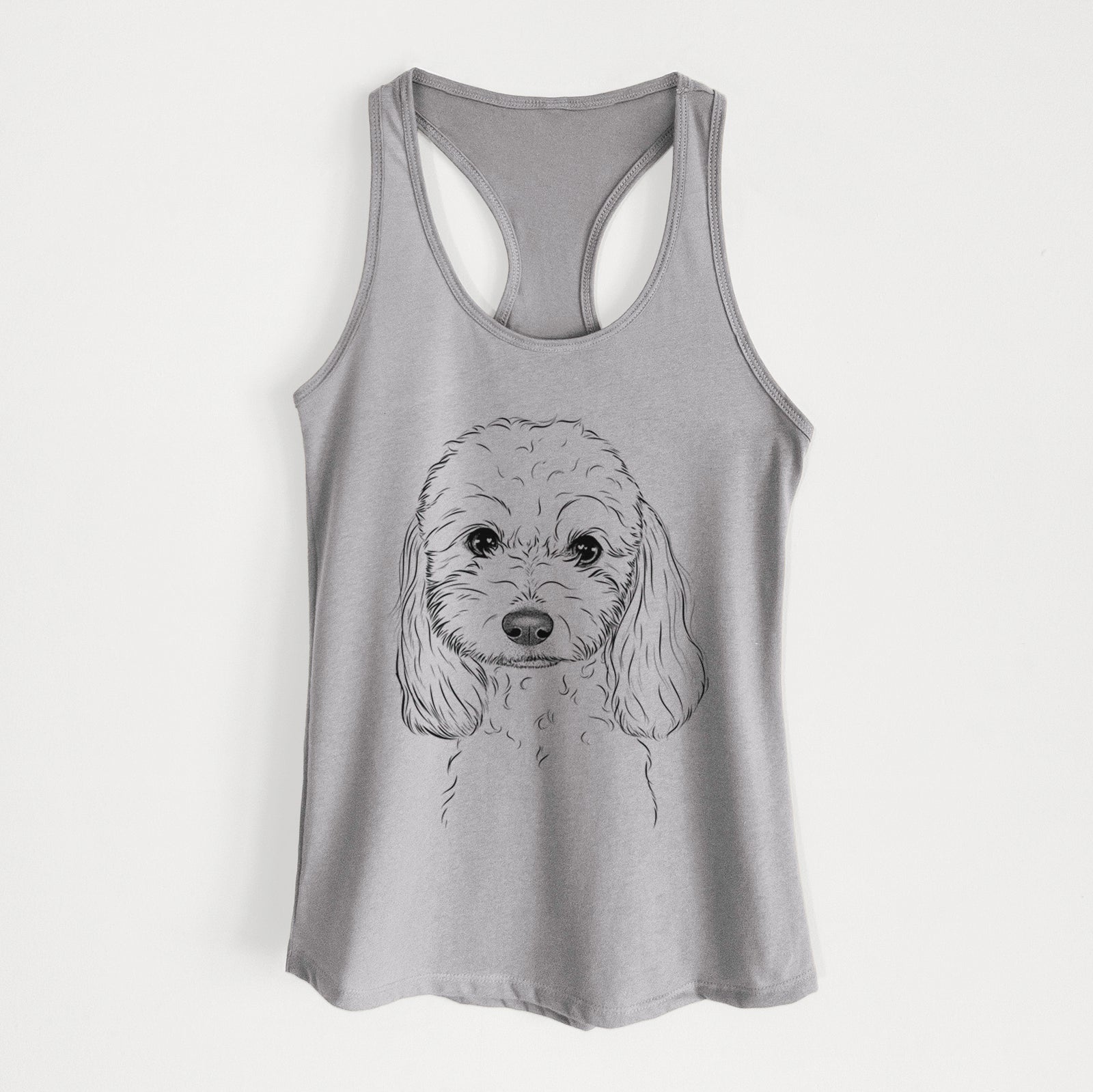 Hand-drawn sketch of Sophie the Coton de Tulear on a Heather Grey Women's racerback tanktop