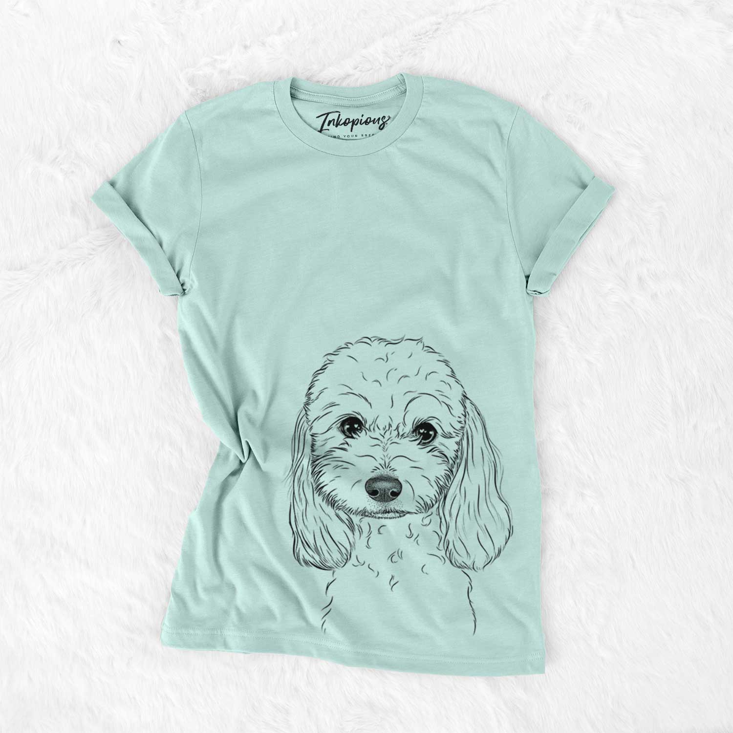 Hand-drawn sketch of Sophie the Coton de Tulear on a Heather Sage Bella Canvas Unisex Crewneck