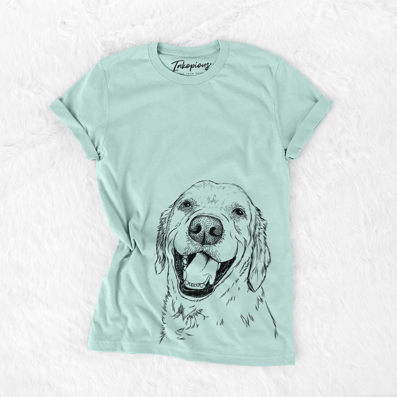 Hand-drawn sketch of Spanky the Golden Retriever on a Heather Sage Bella Canvas Unisex Crewneck