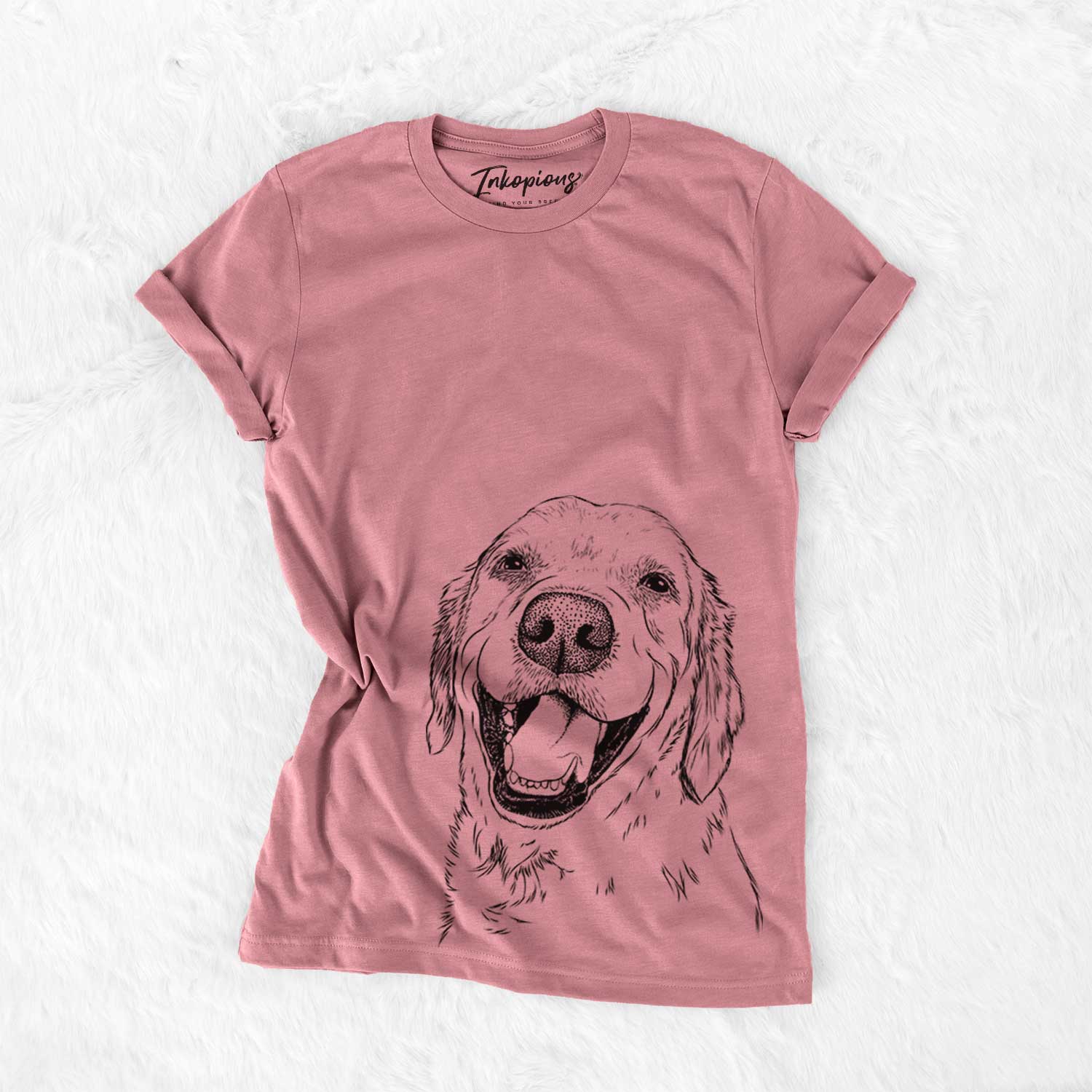 Hand-drawn sketch of Spanky the Golden Retriever on a Mauve Bella Canvas Unisex Crewneck