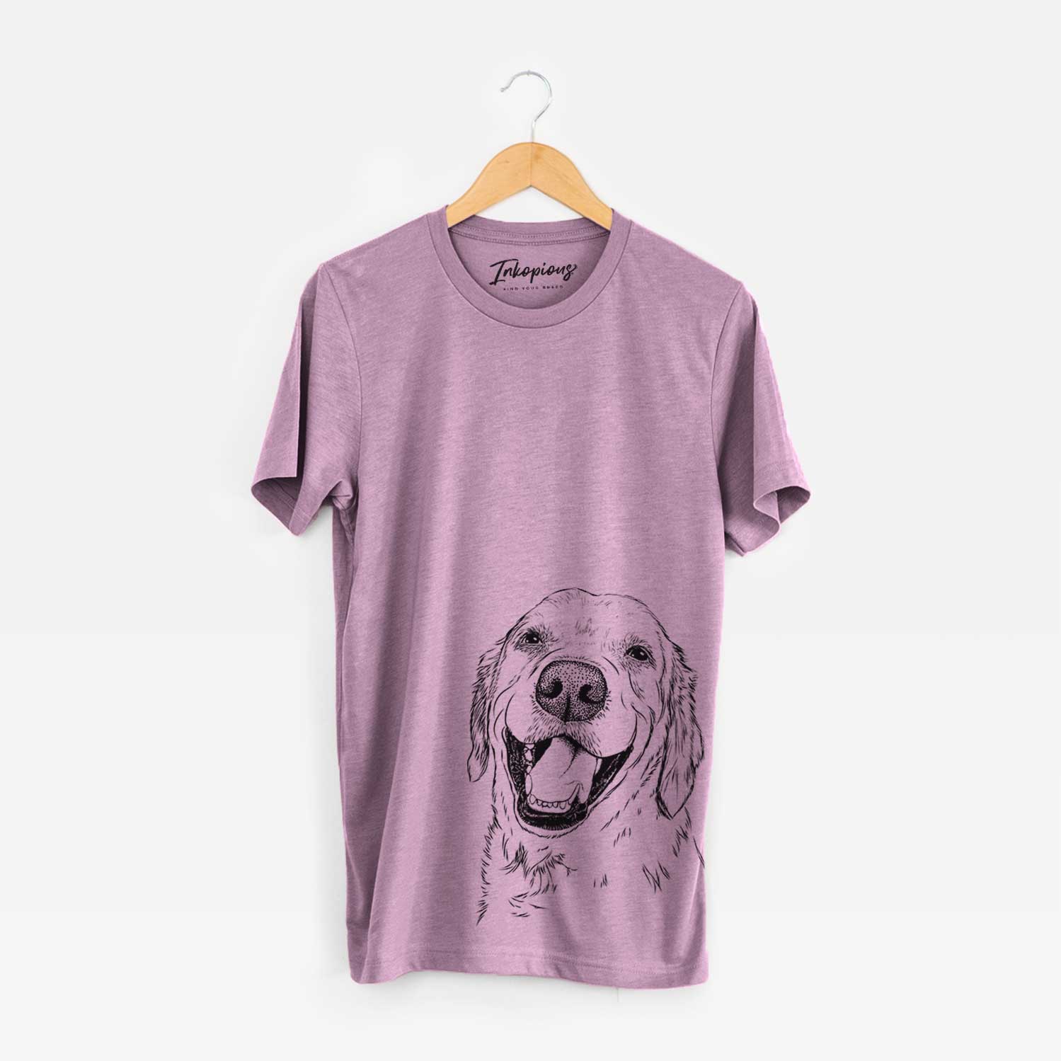 Hand-drawn sketch of Spanky the Golden Retriever on an Orchid Bella Canvas Unisex Crewneck