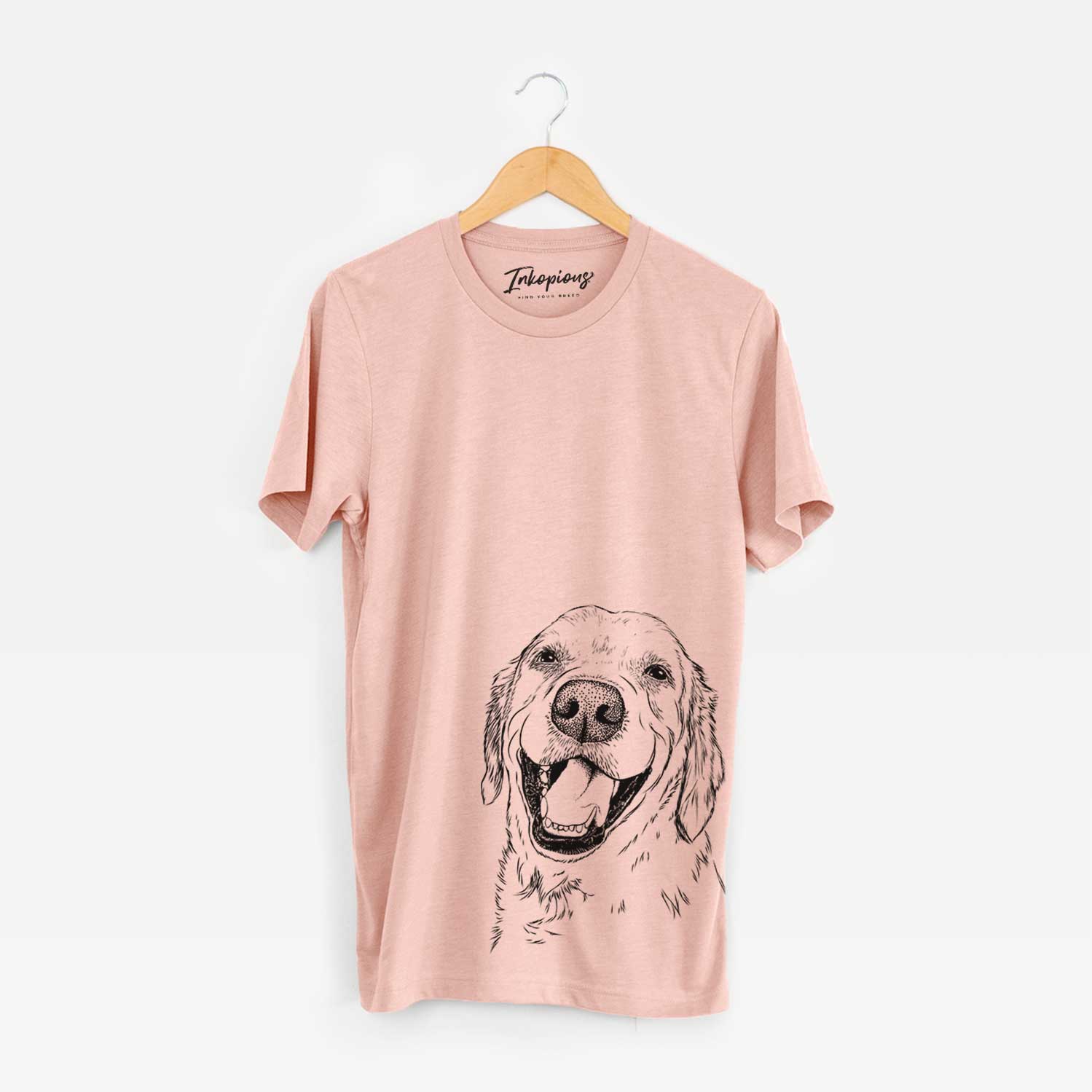 Hand-drawn sketch of Spanky the Golden Retriever on a Peach Bella Canvas Unisex Crewneck