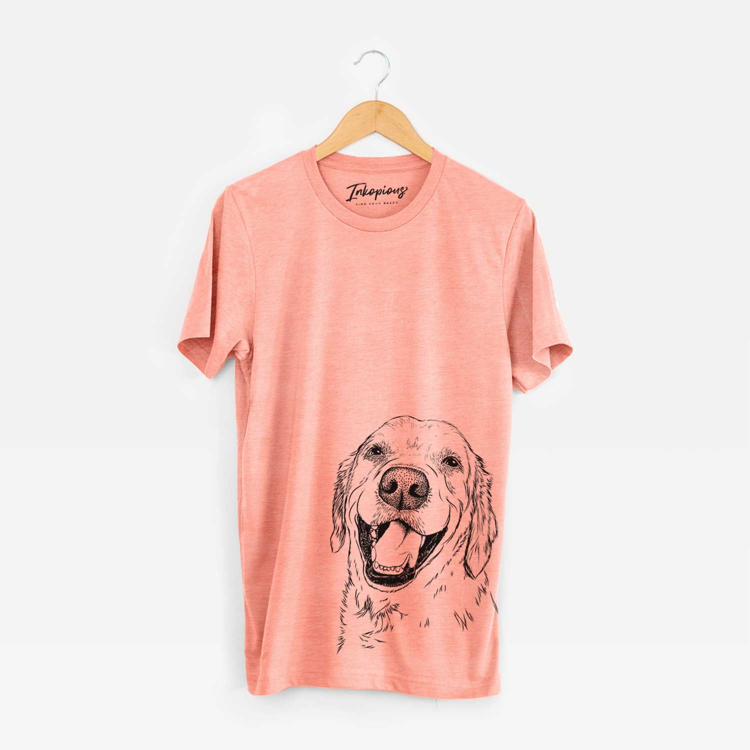 Hand-drawn sketch of Spanky the Golden Retriever on a Sunset Bella Canvas Unisex Crewneck