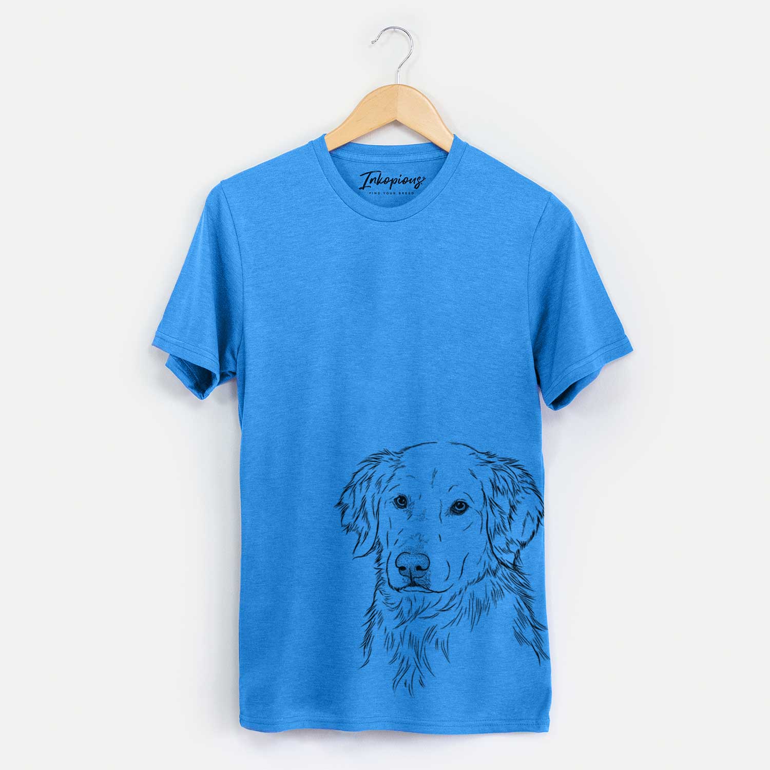 Hand-drawn sketch of Spencer the Golden Retriever on a Blue Unisex crewneck