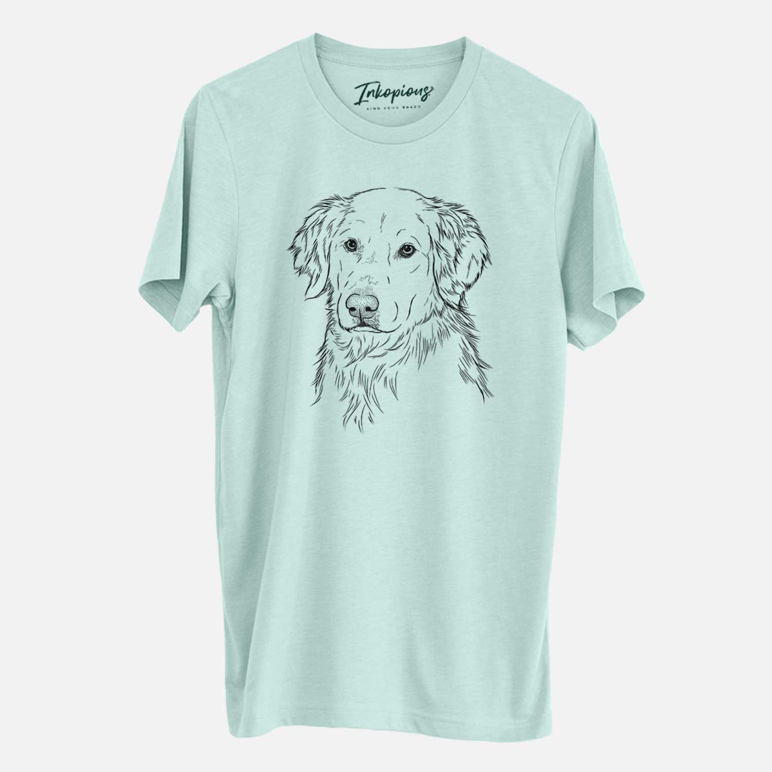 Hand-drawn sketch of Spencer the Golden Retriever on a Heather Sage Unisex crewneck